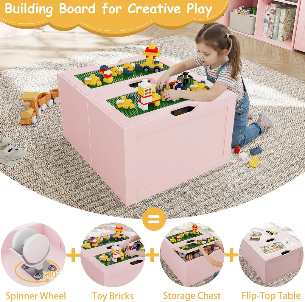 68.9'W Kids Toy Storage, Large Bookshelf with Reading Nook, Removable Building Baseplate Lid for Lego, Rolling Drawers, Stuffed Animal Storage, Bench and Removable Cushions for Playroom(Pink)