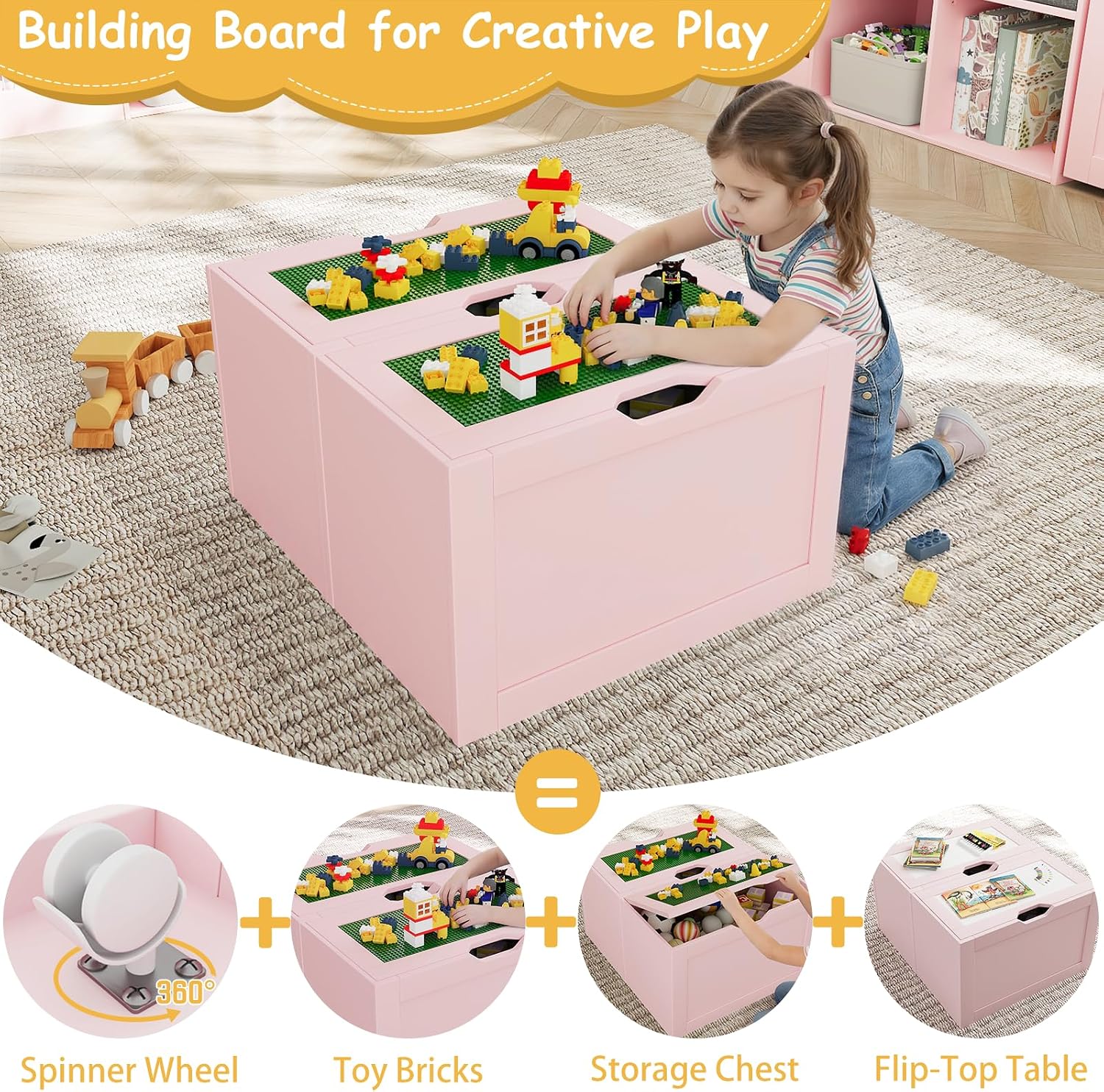 68.9'W Kids Toy Storage, Large Bookshelf with Reading Nook, Removable Building Baseplate Lid for Lego, Rolling Drawers, Stuffed Animal Storage, Bench and Removable Cushions for Playroom(Pink)