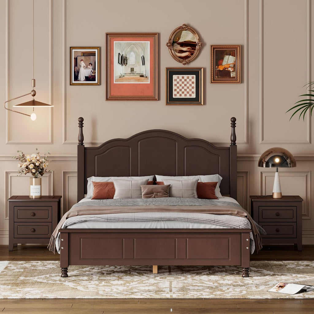 3-Pieces Bedroom Sets, Full Size Wood Platform Bed and 2 Nightstands, Retro Style Platform Bed with Wooden Slat Support and Headboard,No Box Spring Needed, Easy Assembly (Dark Walnut-O8S)
