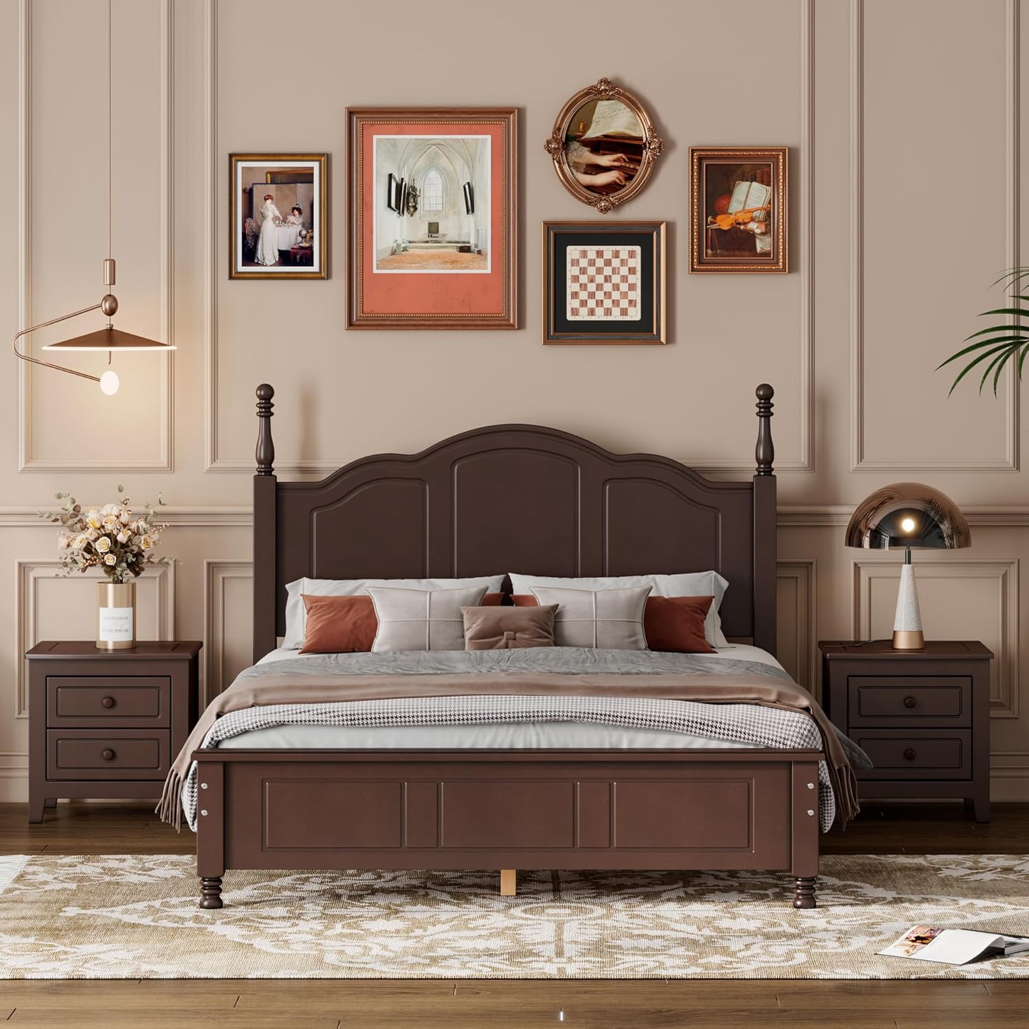 3-Pieces Bedroom Sets, Full Size Wood Platform Bed and 2 Nightstands, Retro Style Platform Bed with Wooden Slat Support and Headboard,No Box Spring Needed, Easy Assembly (Dark Walnut-O8S)