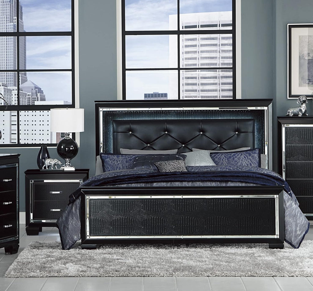 Glamorous Black Finish 3pc Bedroom Set Full Size Bed and Nightstands LED Lighting Tufted Headboard Modern Glam Style