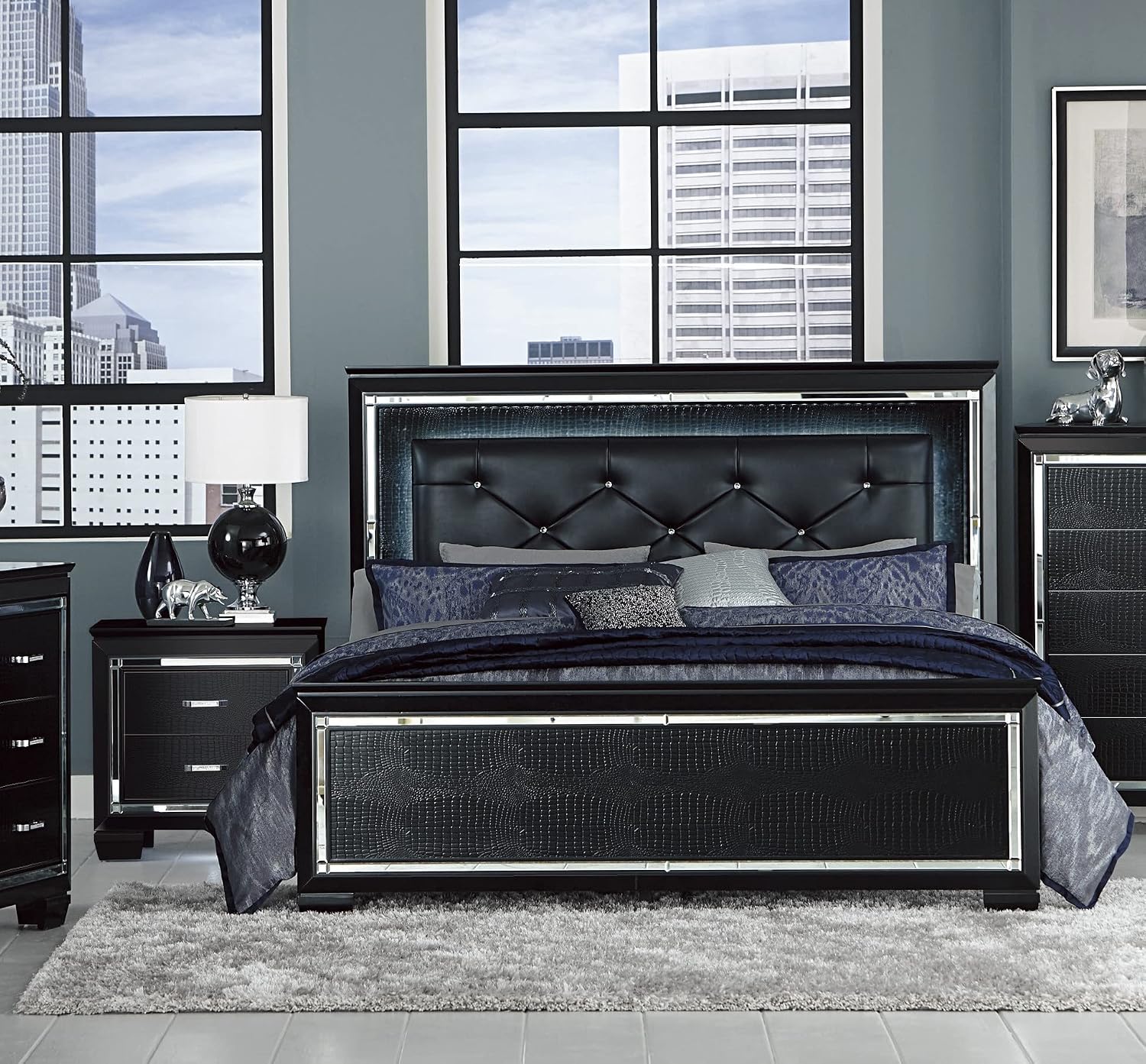 Glamorous Black Finish 3pc Bedroom Set Full Size Bed and Nightstands LED Lighting Tufted Headboard Modern Glam Style