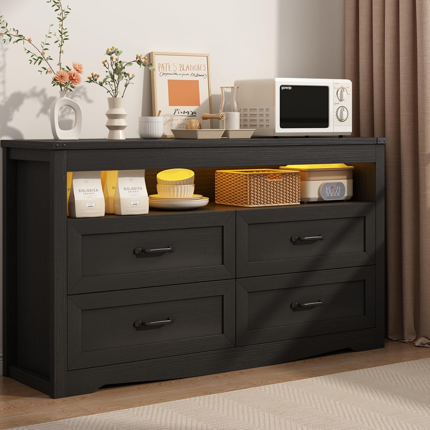 Wodeer Black Dresser for Bedroom, Wood 4 Drawer Dresser with LED Light, Dressers & Chests of Drawers with Metal Handles, Storage and Organization for Bedroom, Hallway, Entryway
