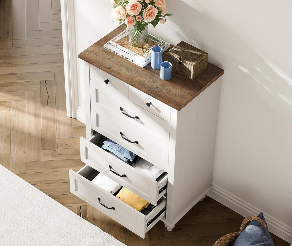 WAMPAT Off White Dresser for Bedroom with 5 Drawers, Tall Kids Dressers with Wide Chest of Drawers, Mid Century Modern Wooden Closet Storage Organizer, Samll Dressers for Living Room, Nursery, Hallway