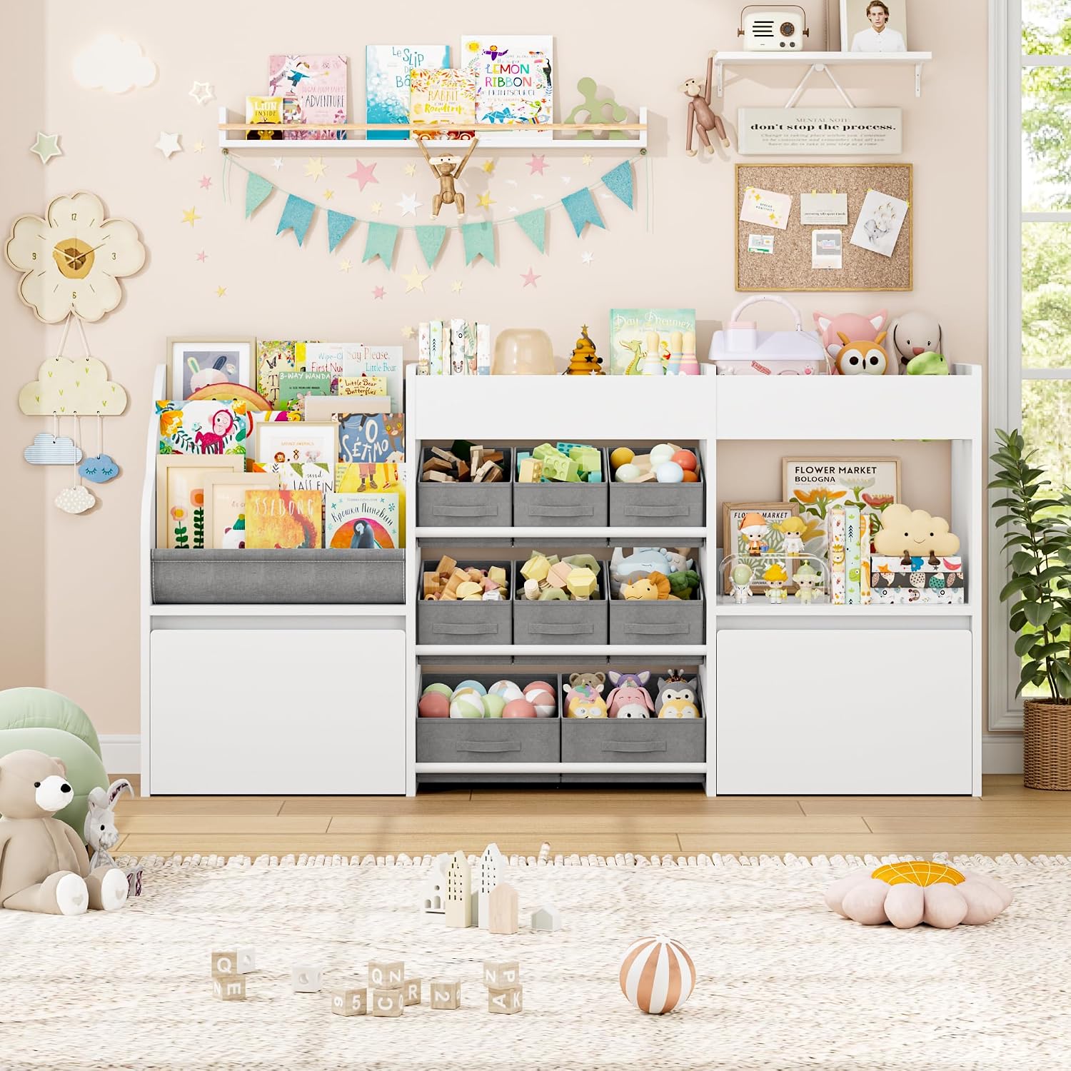 BOTLOG 62.2 inches Toy Storage Organizer and Kids Bookshelf, Toy Organizer with 2 Movable Drawers and 9 Box Bins, 4 Tier Toddler Bookshelf for Book Storage and Display
