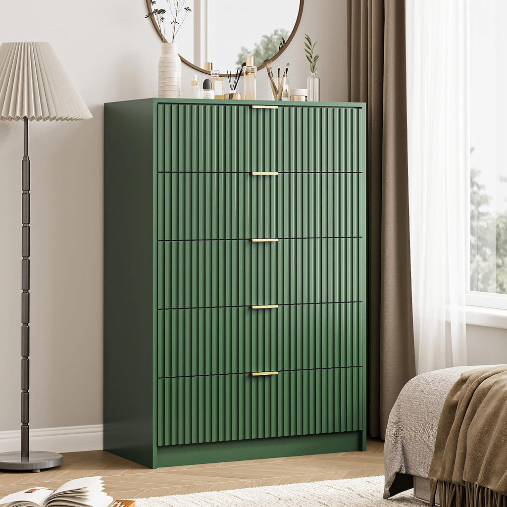 MAISONARIA 5 Drawer Dresser for Bedroom, Tall Dresser Chest of Drawers with Gold Handles, 32 Inch Wide Nightstand with for Bedroom, Living Rooms, Offices, and Entryways, Green
