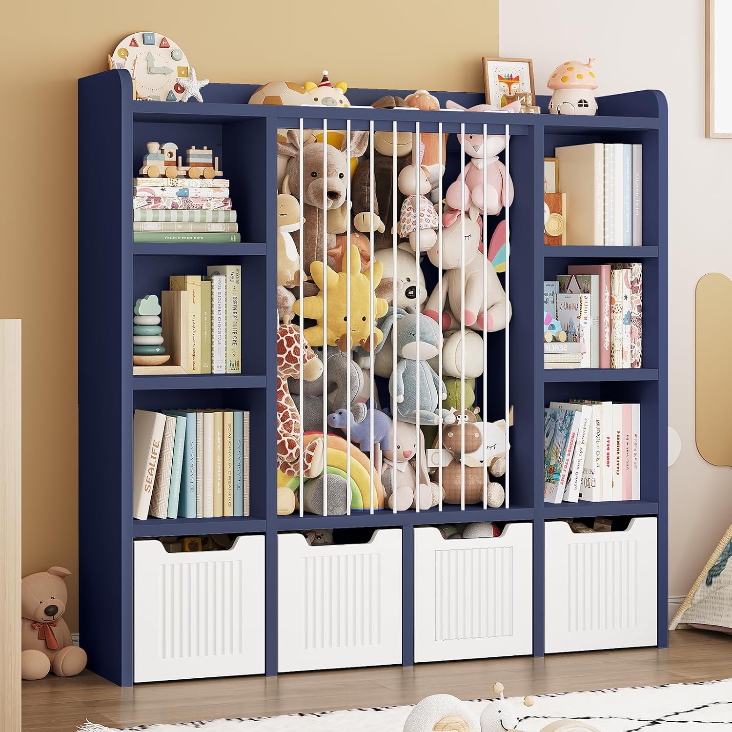 ONBRILL Toy Storage Organizer, Toddler Stuffed Animal Storage, Kids Toy Shelf with 6 Open Cubbies & 4 Movable Toy Chest, Bookshelf for Kids Room Playroom Bedroom Nursery (Blue)