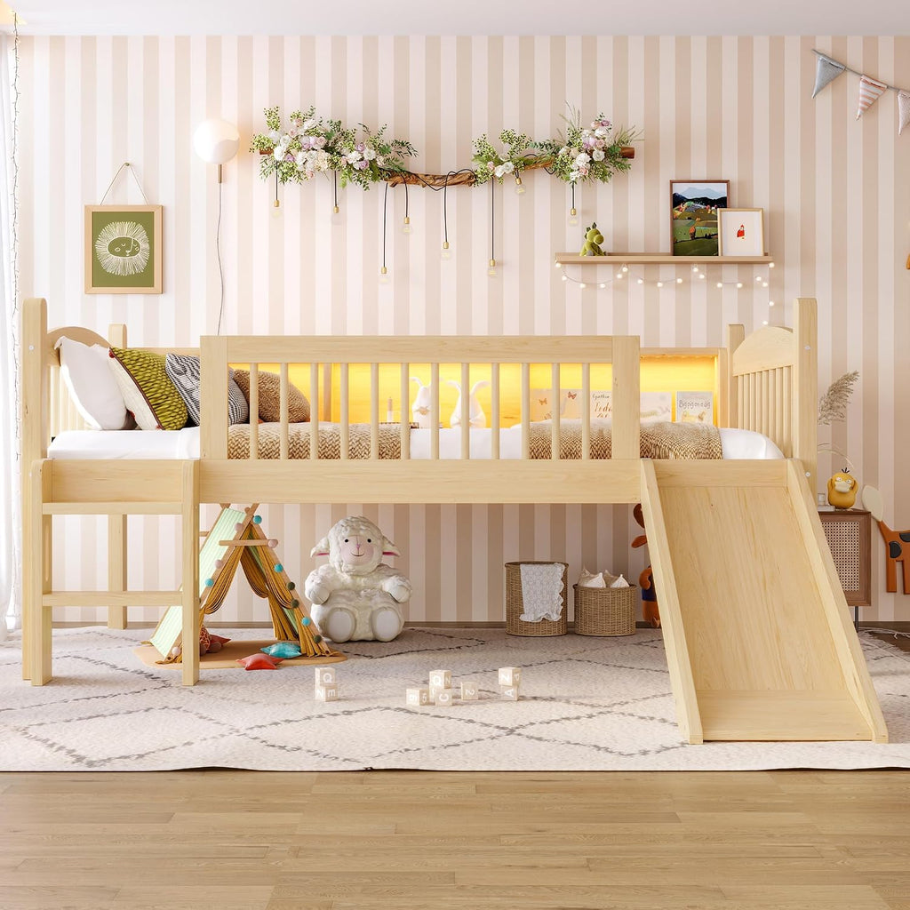 JIVOIT Twin Loft Bed with Storage Shelves, Solid Wood Lower Loft Bed with Full-Length Guardrails, Wood Slats Support, Space-Saving Design, No Box Spring Needed (Natural,Twin,51)