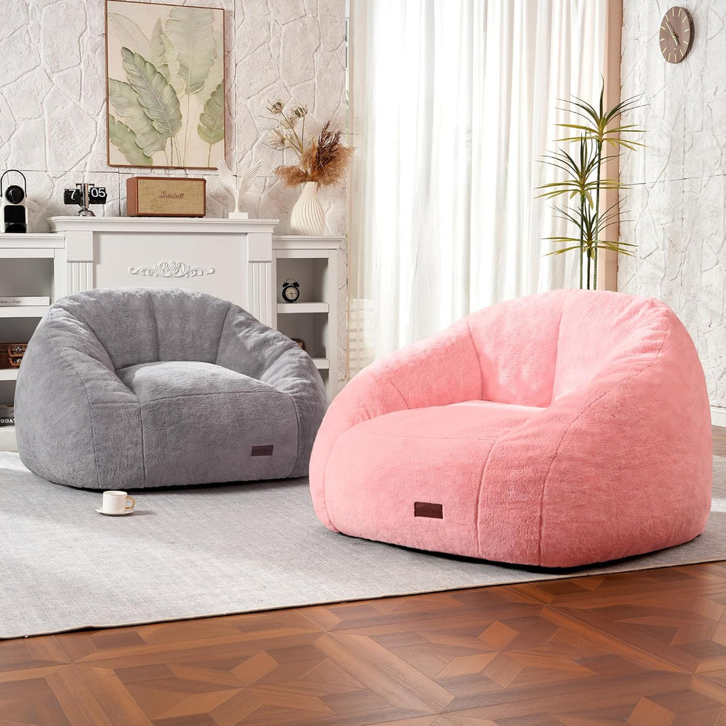 HABUTWAY Bean Bag Chair, Giant Bean Bag Chairs for Adults with Ottoman, Comfy Faux Fur Shell-Shaped Bean Bag Couch, Sofa Chair for Living Room, Bedroom, Grey