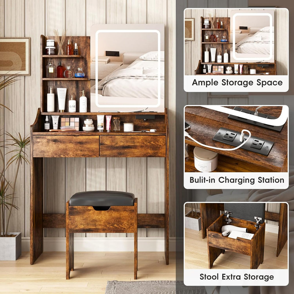 Vabches Vanity Desk with LED Light Mirror and Charging Station 30.3in, Small Vanity Set with 4 Storage Shelves 2 Drawers, Vanity for Girls Women with Storage Stool, Vanity Table for Bedroom (Brown)