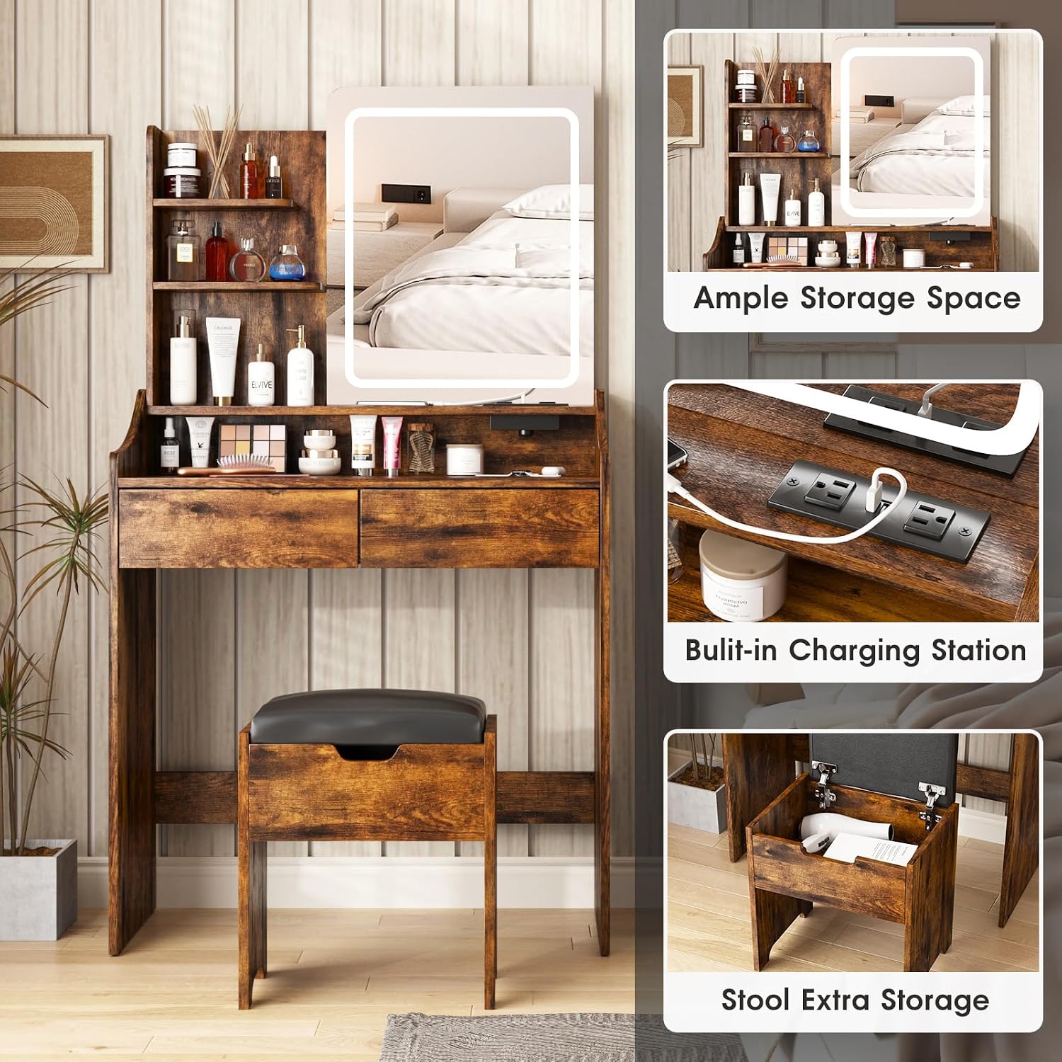 Vabches Vanity Desk with LED Light Mirror and Charging Station 30.3in, Small Vanity Set with 4 Storage Shelves 2 Drawers, Vanity for Girls Women with Storage Stool, Vanity Table for Bedroom (Brown)