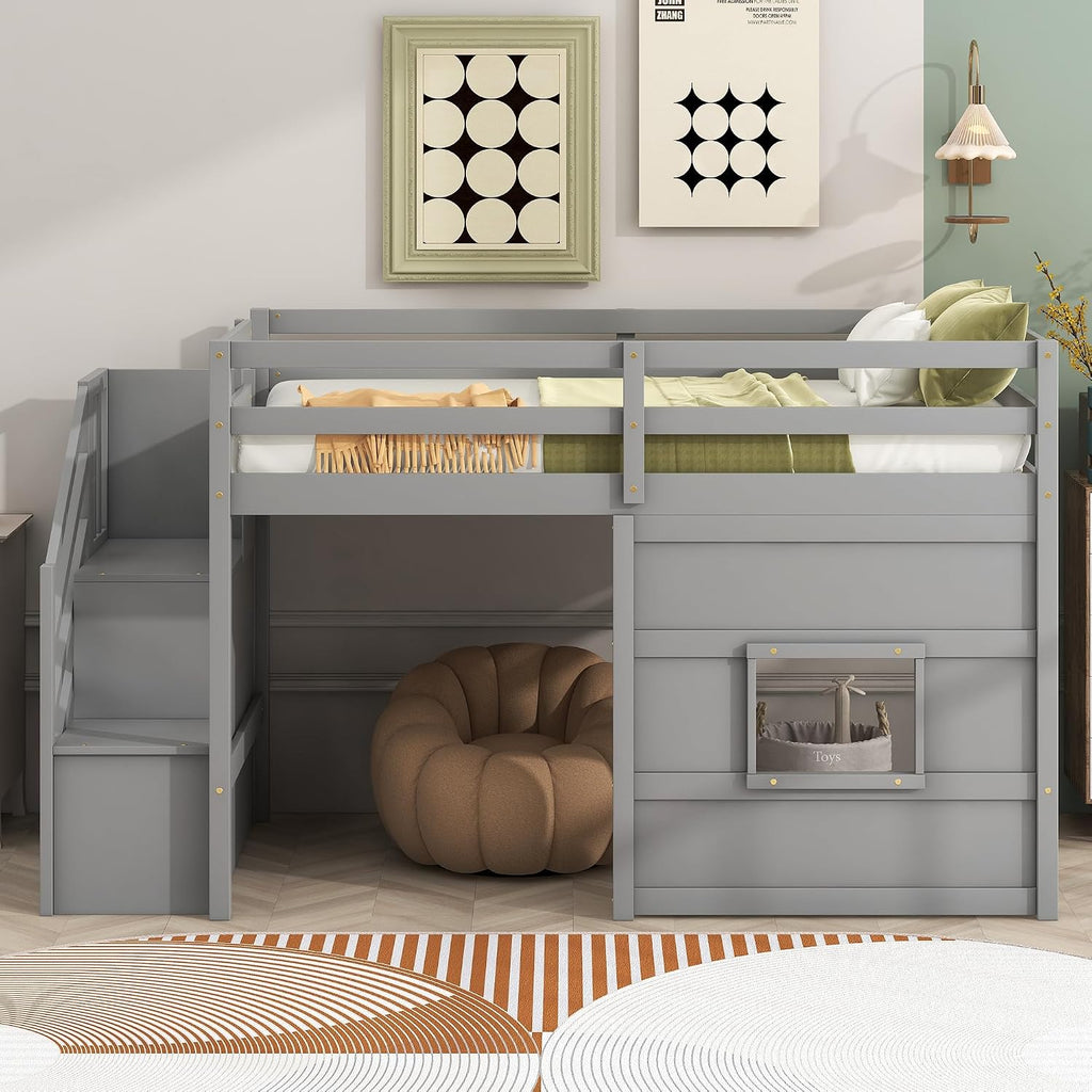 JIVOIT Low Loft Bed with Storage Staircase and Window, Twin Size Loft Bed with Guardrails and Wood Slats Support, Solid Wood Bed Frame, Space Saving Design, No Box Spring Need (Gray,Staircase+Window)