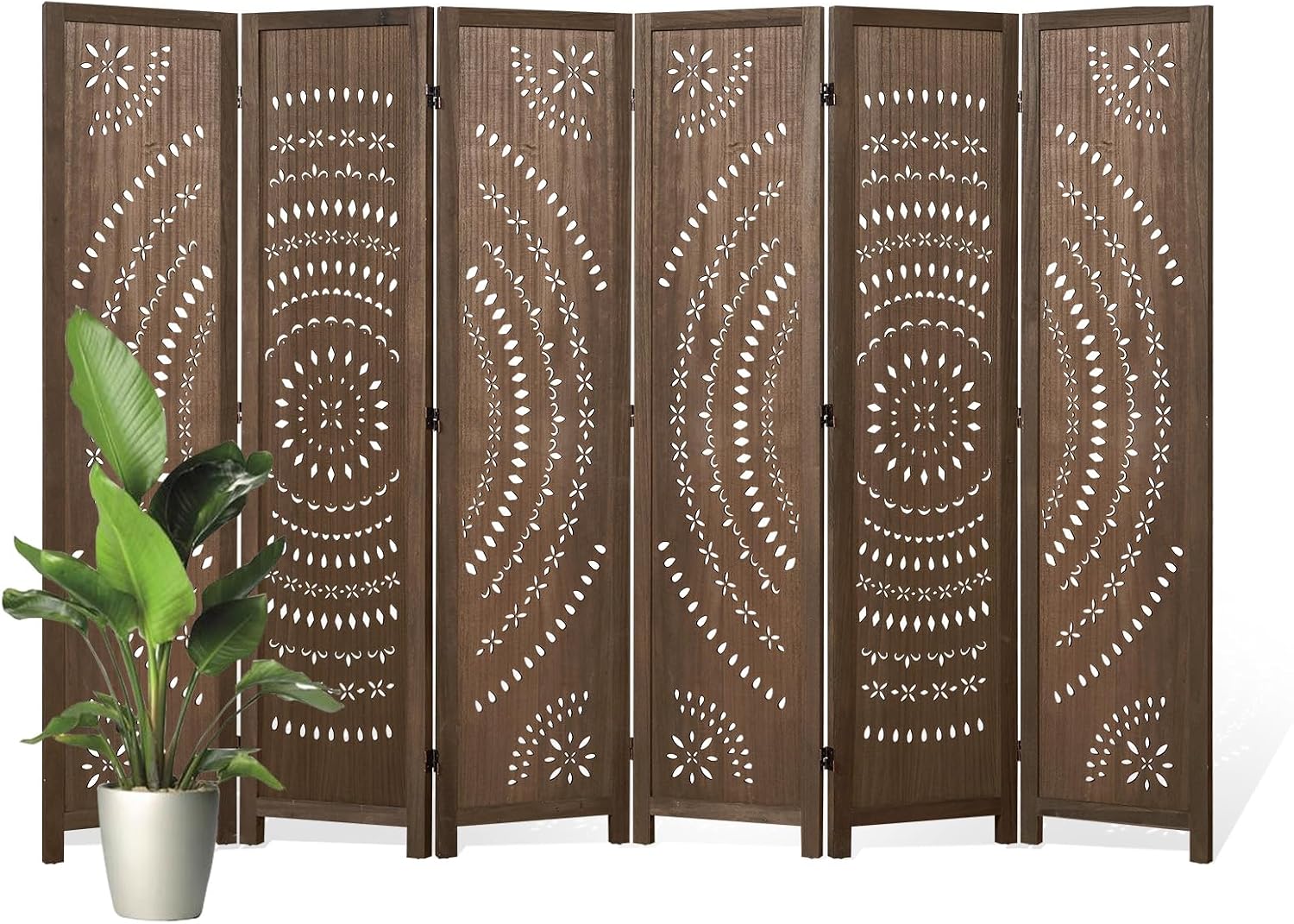 66.9Inch Folding Room Divider, 6 Panels Wood Carved Privacy Screens Free Assembled Freestanding Partition for Bedroom Home Office (Brown)