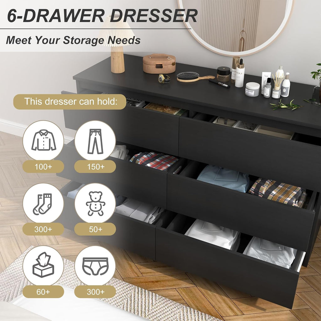 Black 6 Drawer Dresser for Bedroom, Modern Deep Drawer Dresser,Wide Chest of Drawers for Bedroom,Wood Storage Organizer Furniture,TV Dresser for Living Room