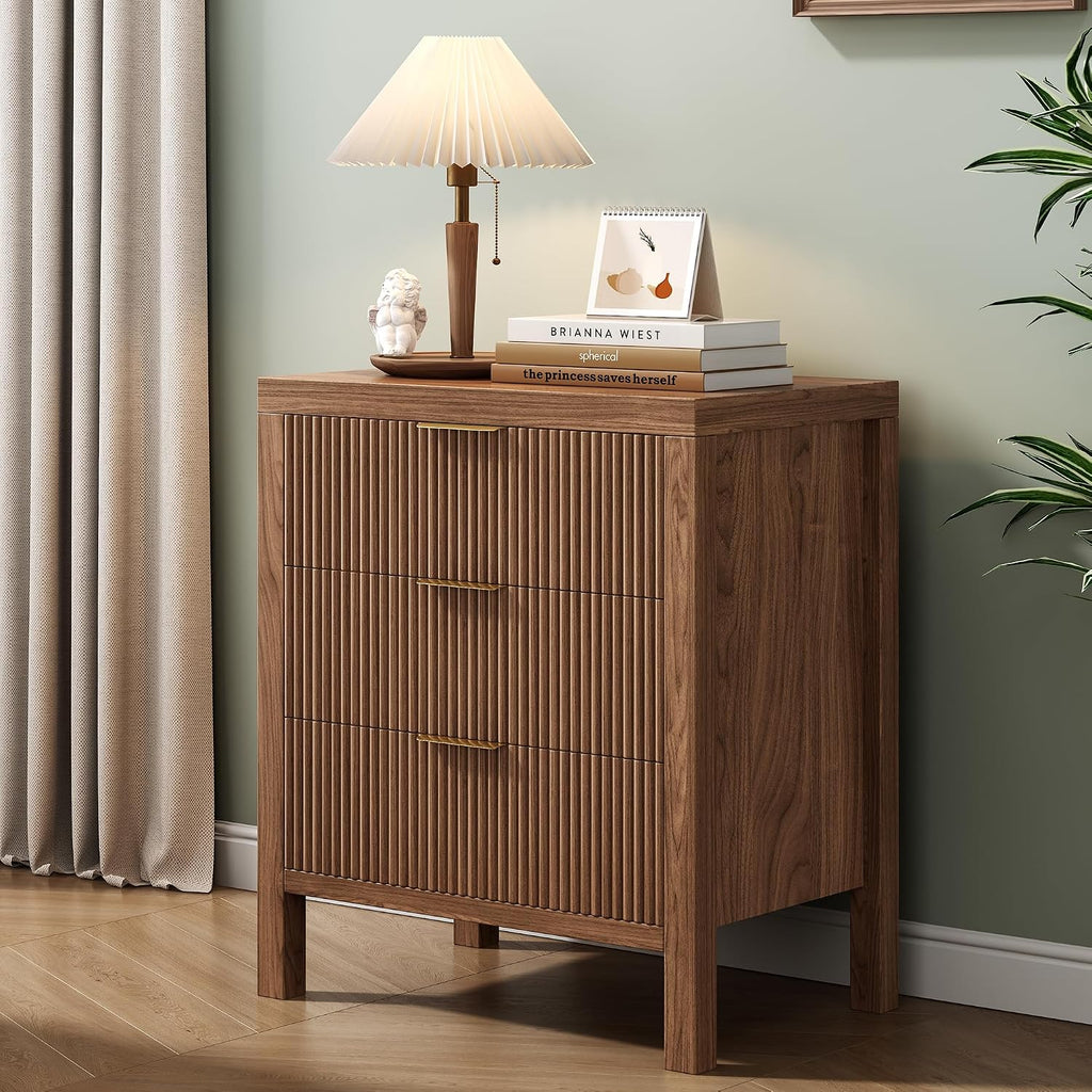 Nightstand with 3 Drawers, Dresser and Nightstand Sets, Bedside Tables, Mid Century Nightstands with 3 Wide Drawers for Bedroom, Kids' Room, Hallway - Walnut