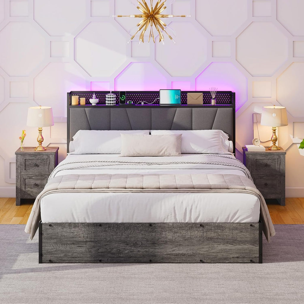 LUXOAK 3 Pieces Farmhouse Bedroom Set, Includes Full Size Lift Up Storage Bed Frame with LED Lights and Linen Upholstered Headboard, Nightstand Set of 2 with Charging Station, Grey