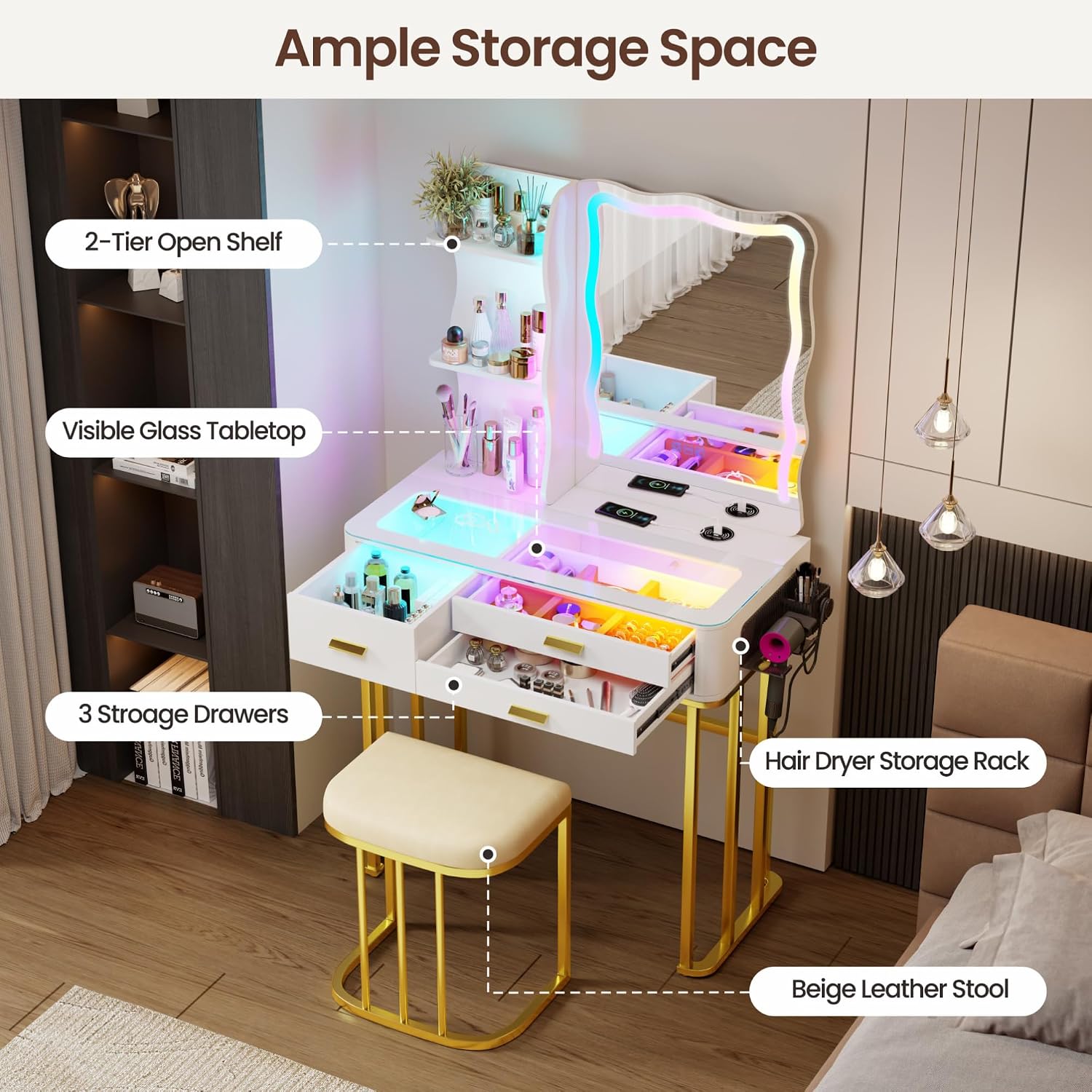 RGB LED Makeup Vanity Desk with Mirror & Lights, Modern Glass Top Vanity Table with 3 Drawers, Charging Station, Hair Dryer Holder, Dimmable Colorful Light Vanity Set for Bedroom,White