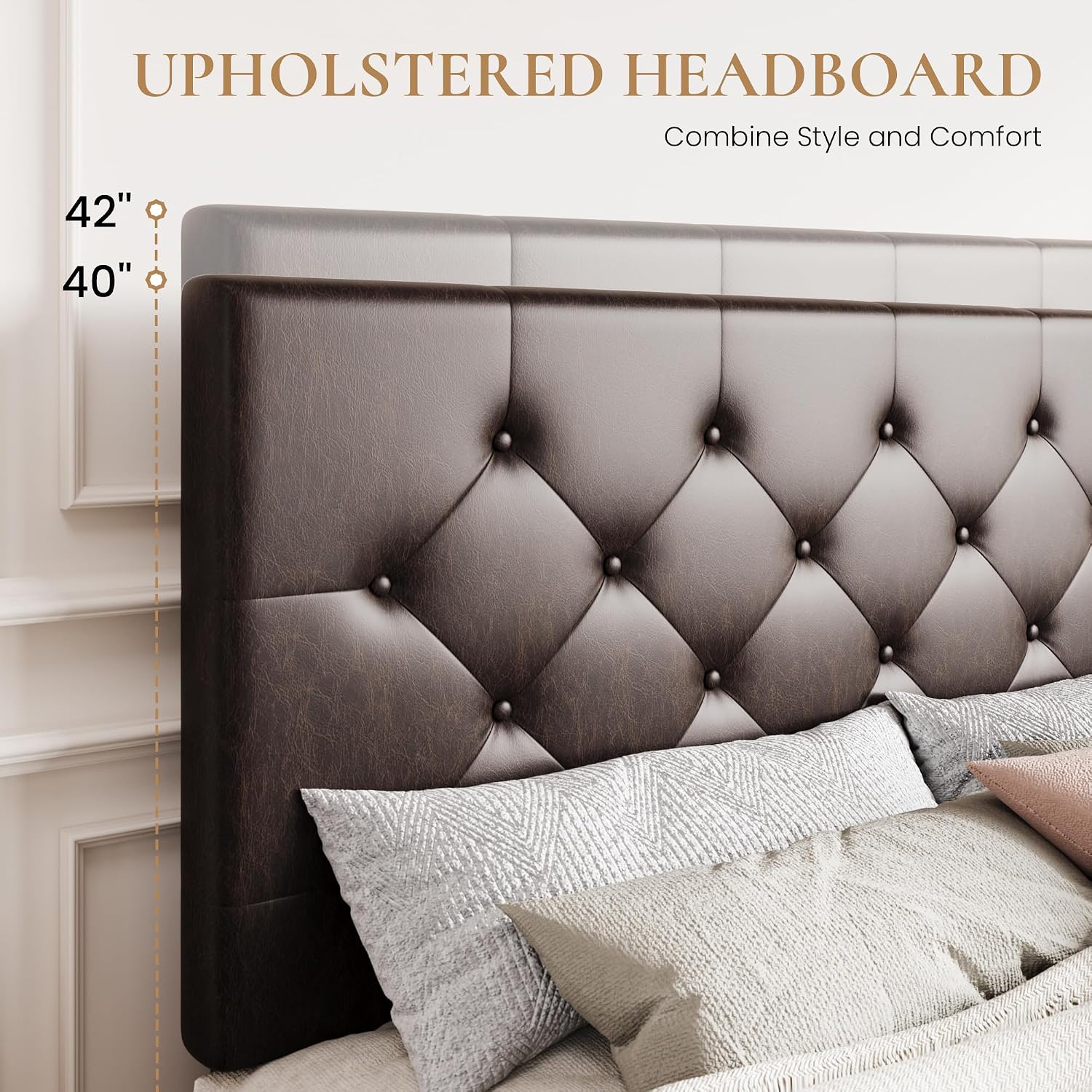 SHA CERLIN Upholstered Full Size Platform Bed Frame with 4 Storage Drawers, Adjustable Headboard with Diamond Stitched Button Tufted Design, Wooden Slat Support, No Box Spring Needed, Black Brown