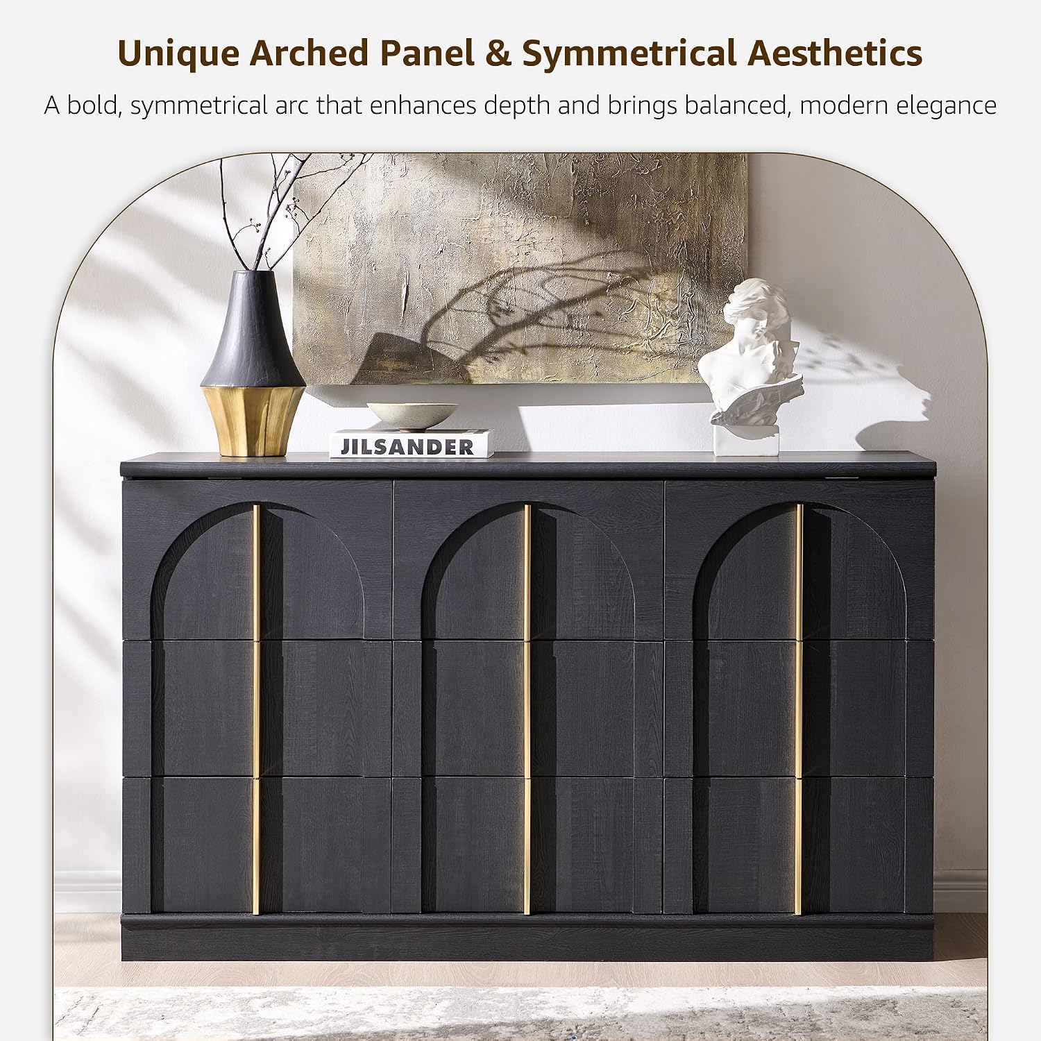 ACCOHOHO Arched Dresser for Bedroom with 9 Drawers, 52' Wide Modern Chest of Drawers with Rounded Edge & Metal Handles, Wood Storage Closet Dressers TV Stand for Living Room, Hallway, Black