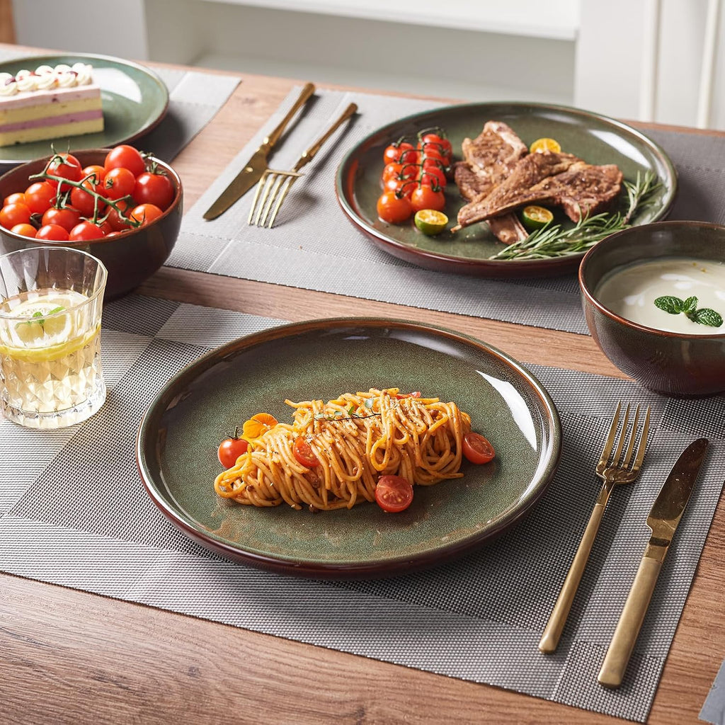 Pokini Stoneware Dinnerware Sets for 6, 18 Pieces Ceramic Plates and Bowls Sets, Chip and Scratch Resistant Dish Set, Dishwasher & Microwave Safe Plate Set, Brown Green
