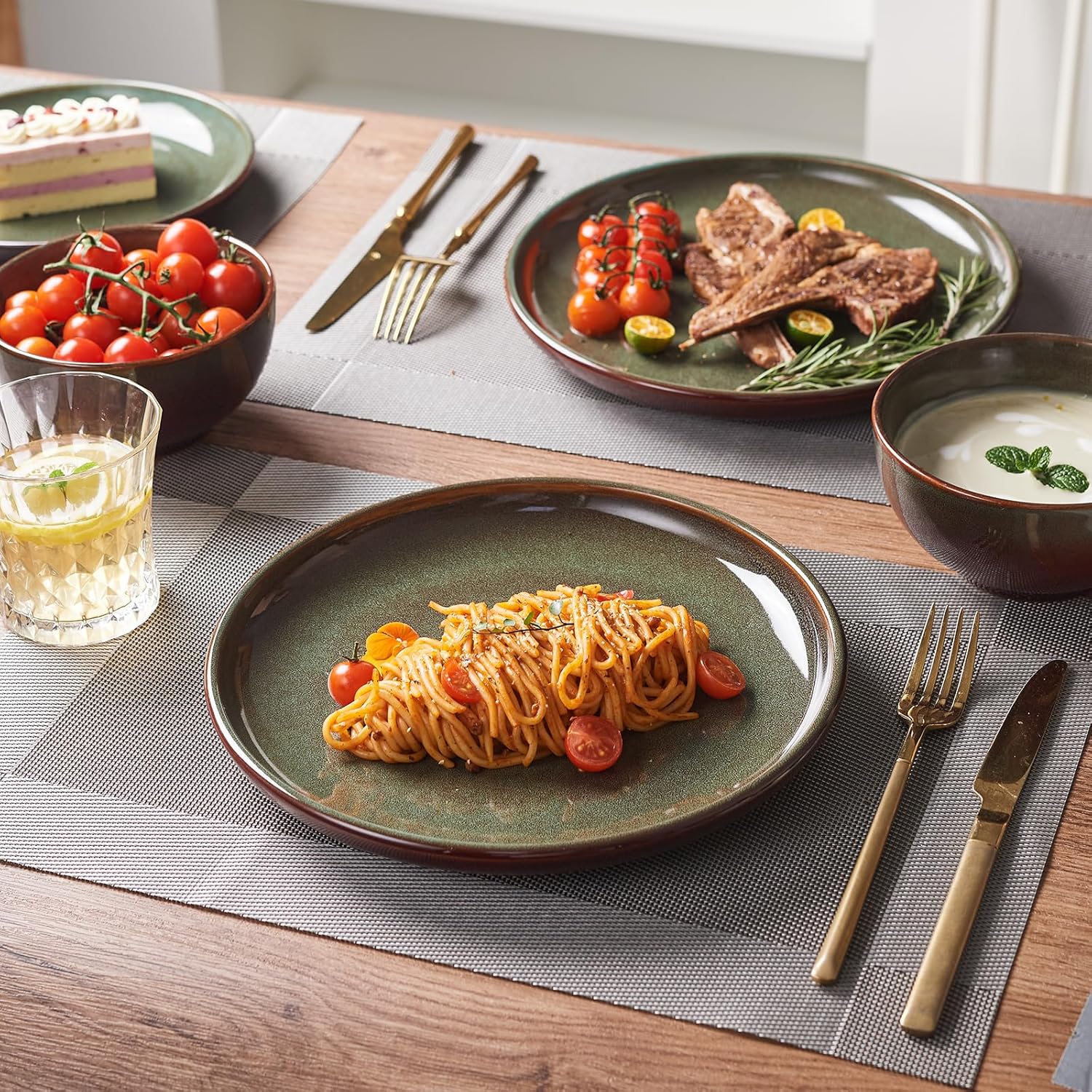 Pokini 24 Piece Dinnerware Sets for 8, Modern Stoneware Plates and Bowls Setst, Perfect for Family Gatherings & Holiday Celebrations, Easy Cleaning Dishes Set, Stack Compactly Dishware, Brown Green