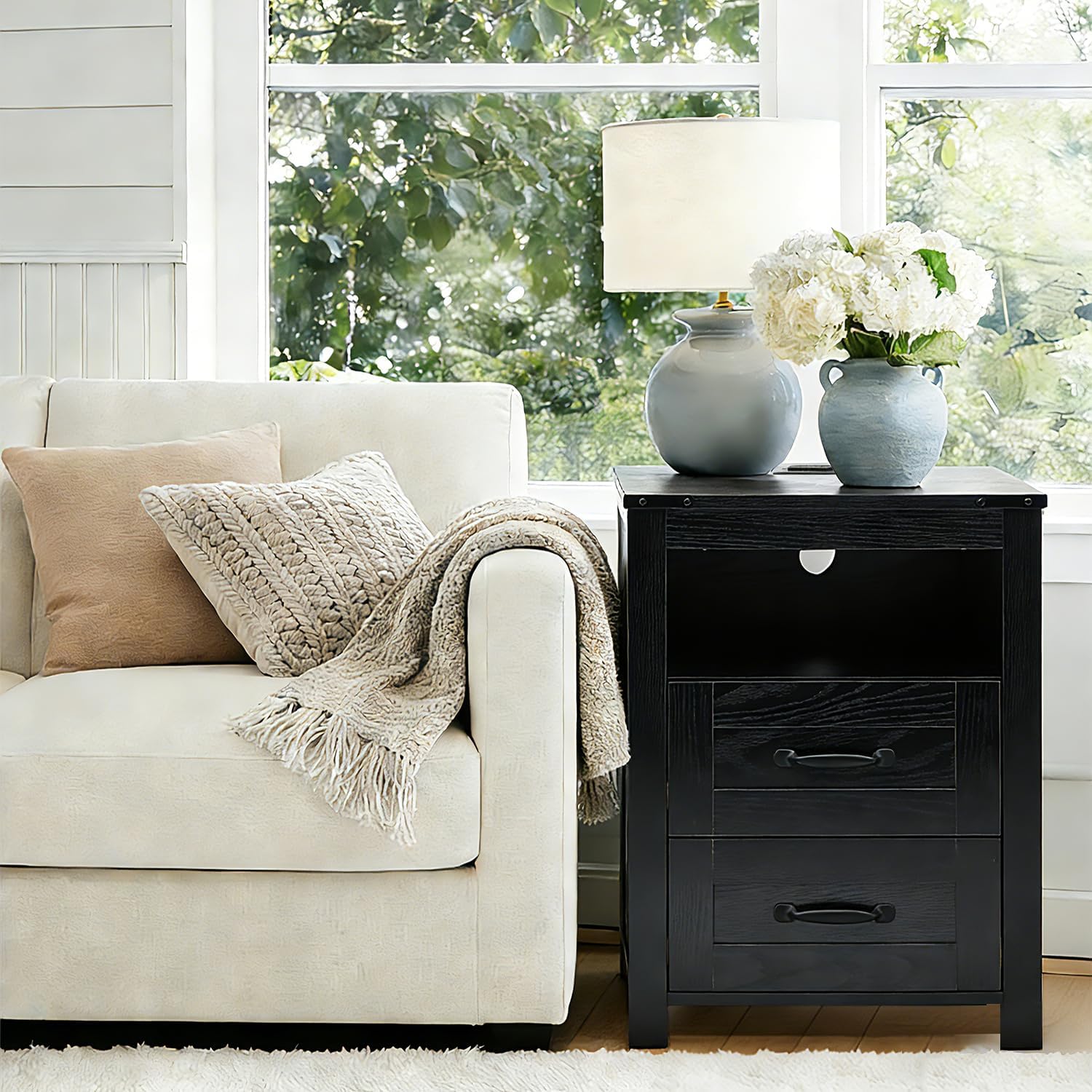 Farmhouse Night Stand Set of 2, Rustic Black Nightstand for Bedroom, End Tables with Charging Station, Bedside Table with Drawers, Wood Bedside Cabinet Dresser