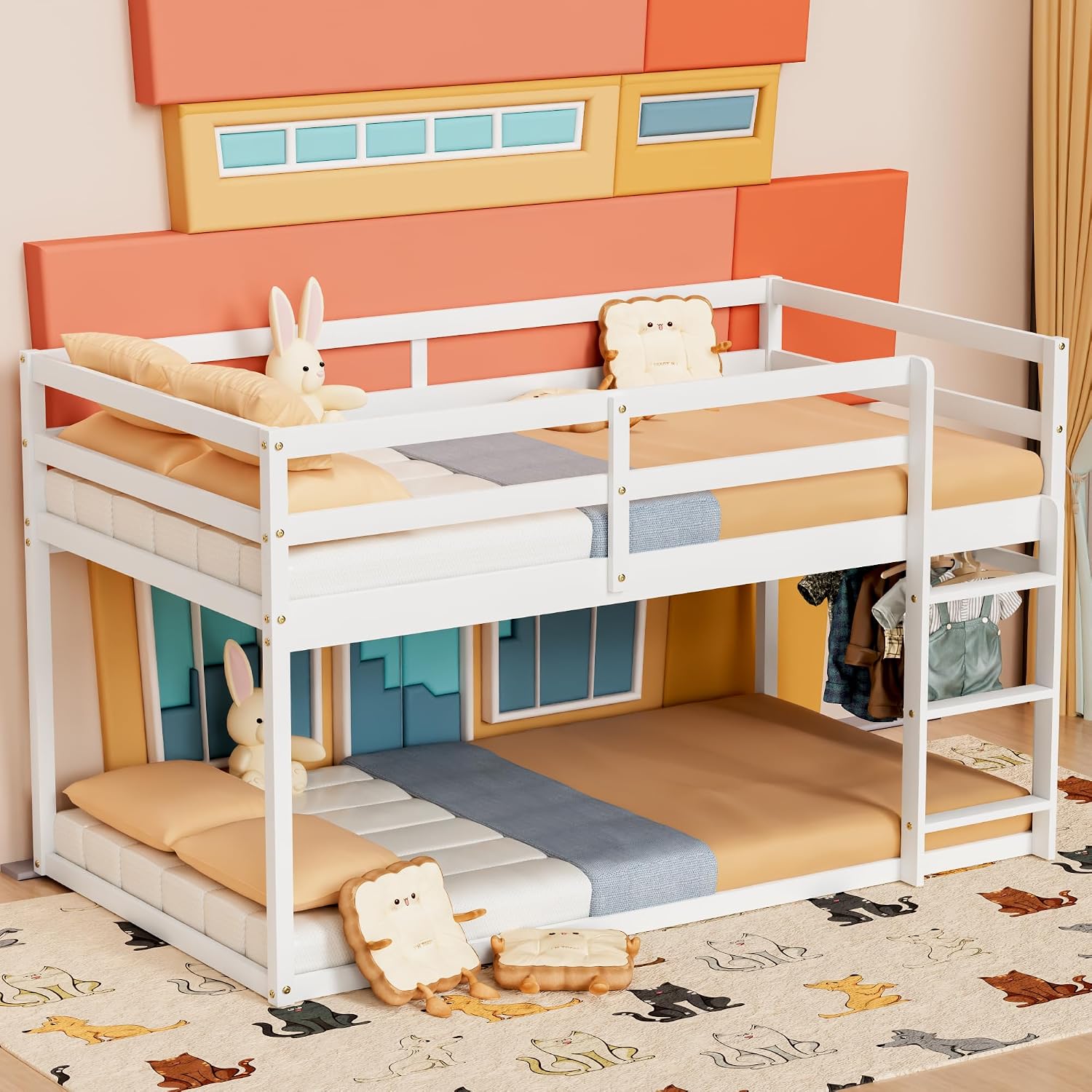 TOLEAD Low Bunk Bed Twin Over Twin, Floor Bunk Bed with Ladder, Twin Bunk Bed with Full Guardrails, Wooden Bunk Bed for Juniors, Boys, Girls, Kids, Bedrooms (White)