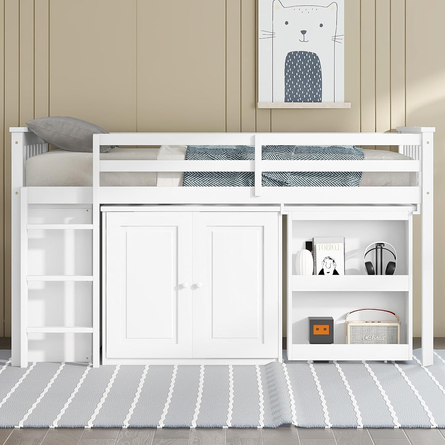 JIVOIT Twin Size Low Loft Bed, Multifunctional Loft Bed with Pulling-Out Desk, Storage Cabinet, Drawer and Shelf Cabinet, Rubber Wood Loft Bed with Safety Guardrail, Ladder, Easy Assembly (White/262)