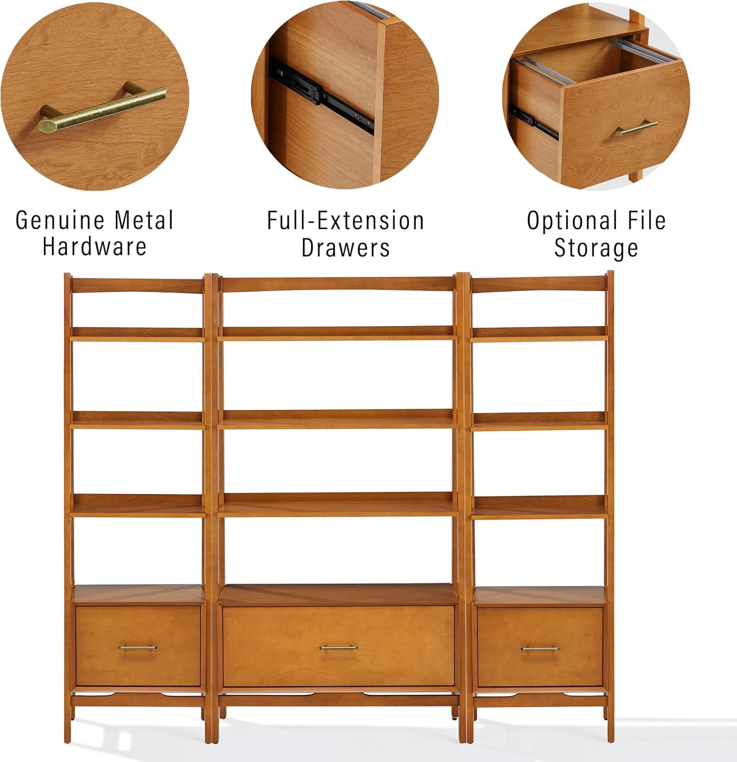 Crosley Furniture Landon 3-Piece Bookshelf Etagere Set, Bookcase with Shelves and File Drawers, Acorn