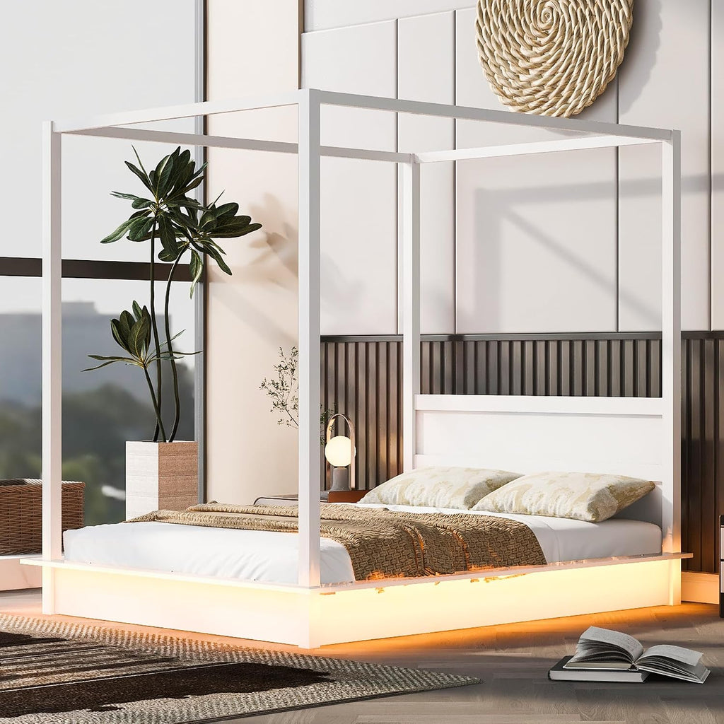 Queen Size Canopy Platform Bed with LED Lights and Headboard, Wooden 4-Post Canopy Bed Frame with Support Slats, No Box Spring Needed (Queen)
