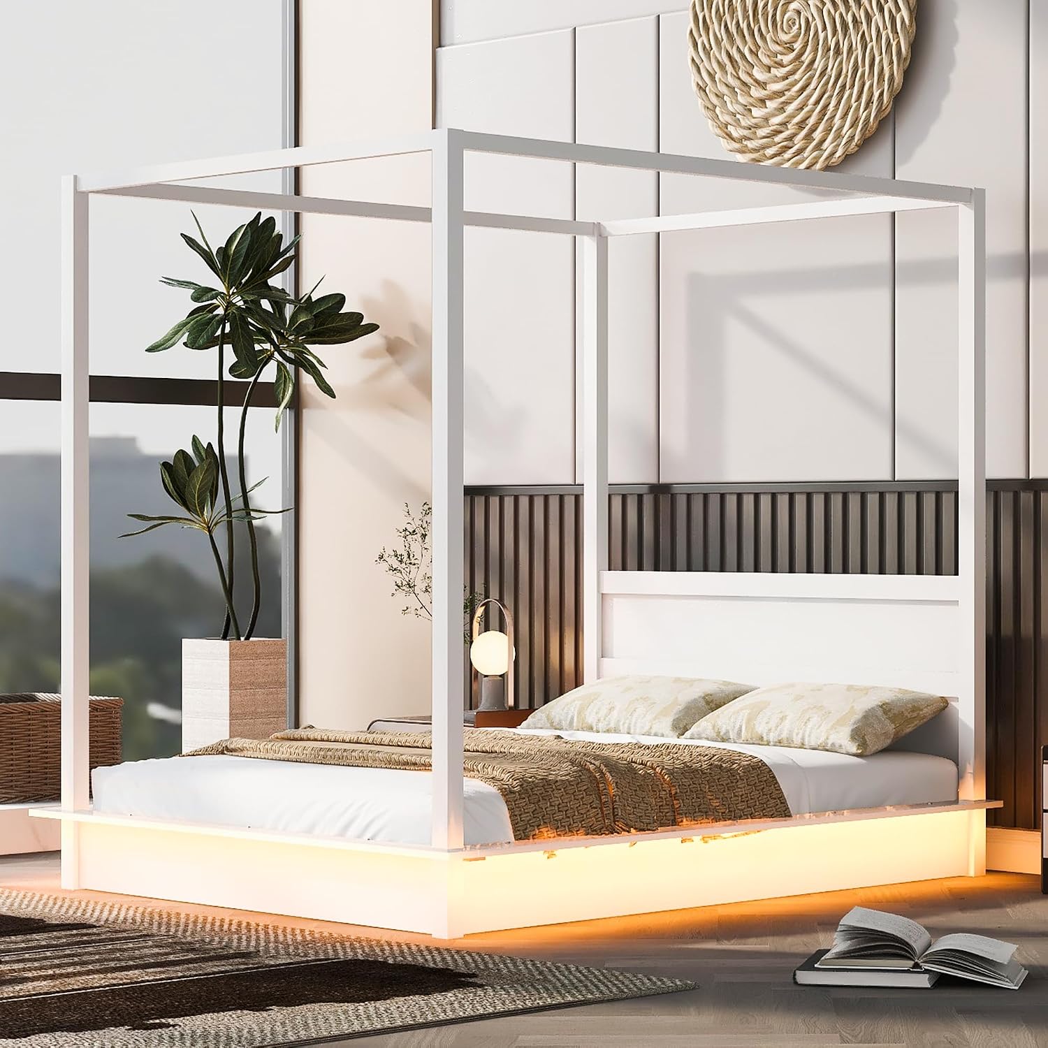 Queen Size Canopy Platform Bed with LED Lights and Headboard, Wooden 4-Post Canopy Bed Frame with Support Slats, No Box Spring Needed (Queen)