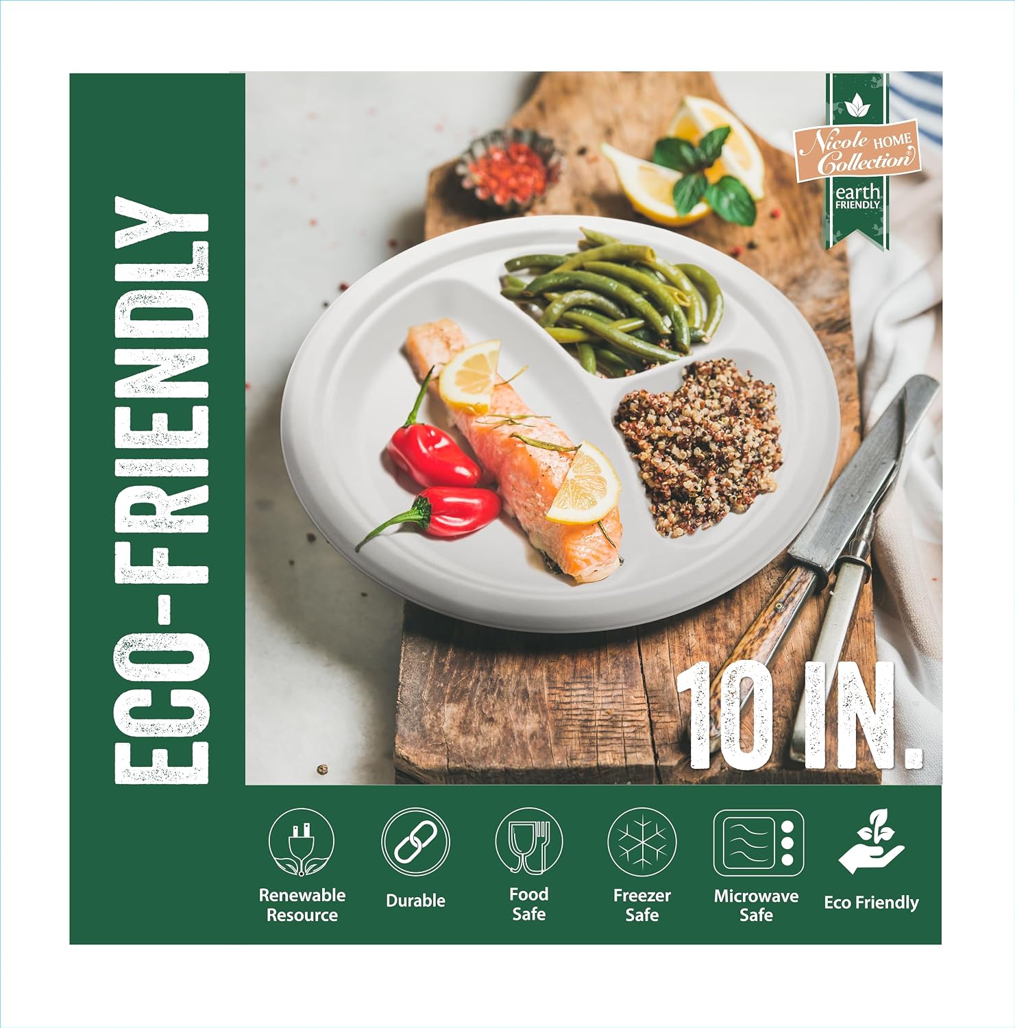 Nicole Home Collection 600 Count Compostable Heavy Duty 10' Disposable Compartment Paper Plates 100% Bagasse Biodegradable Eco-Friendly Natural Sugarcane