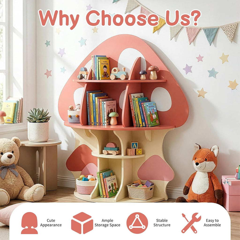 Karl home Children Mushroom Bookcase, Toddler Tree Bookshelf for Kids, Baby Montessori Bookshelf and Toy Storage, Kids Room Furniture, Display Shelf for Bedroom, Nursery, Playroom, Red-Orange