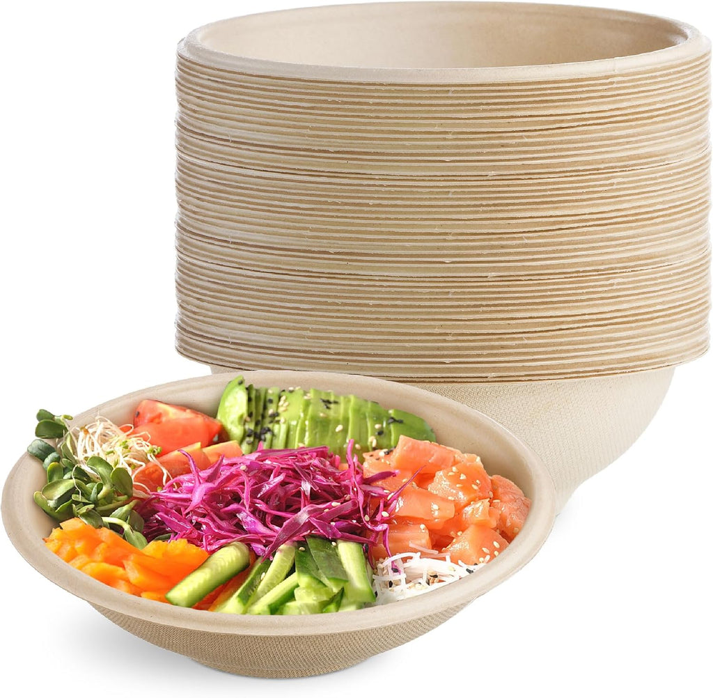 [500 SET]Sugarfiber by Harvest Pack 22oz Round PFAS Free Compostable Bowls with PLA coating with PET Lid -Heavy-Duty Eco-Friendly Disposable Bagasse Sugarcane Bowl for Meal Prep