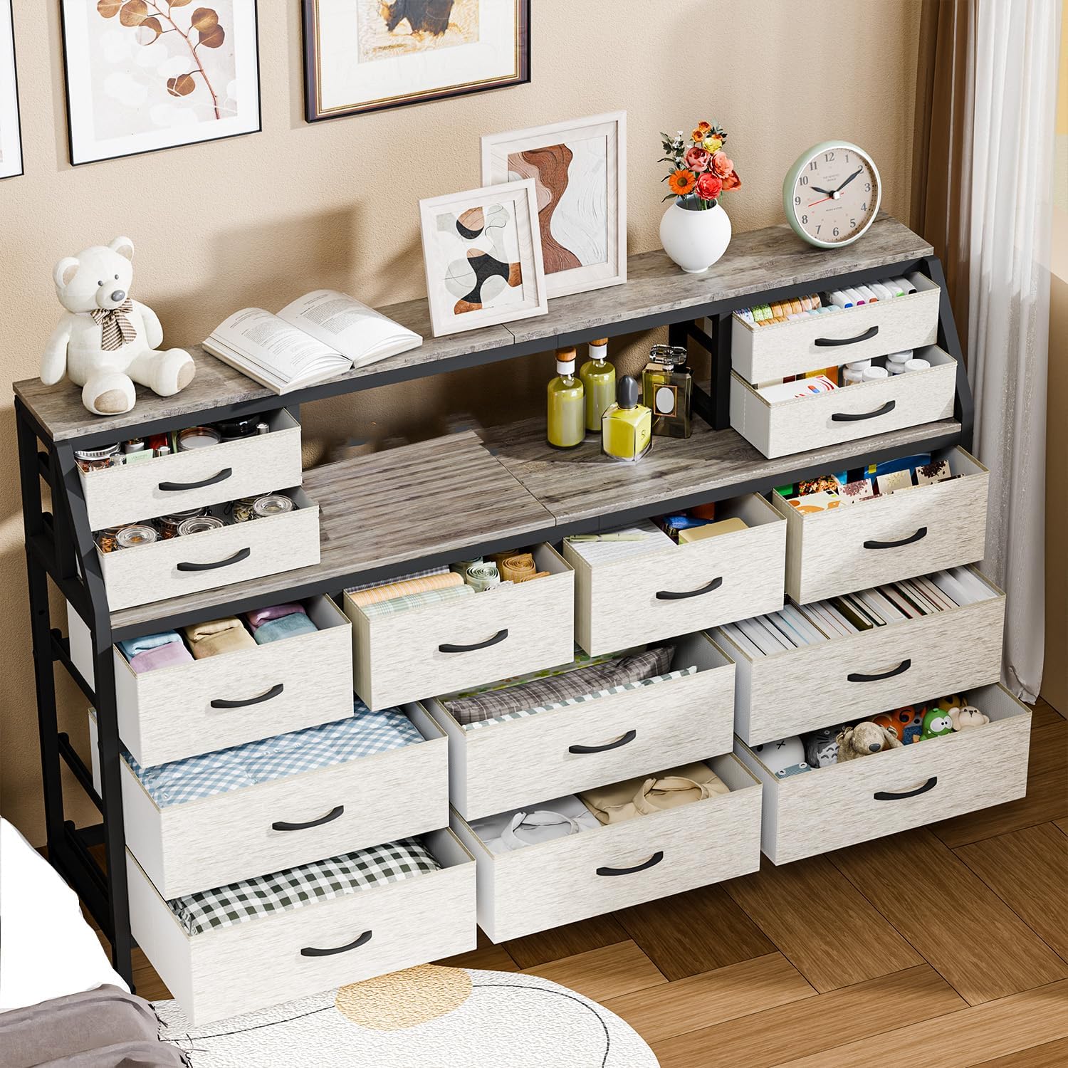 Dresser for Bedroom, 55' TV Stand with 14 Drawers, Long Dresser & Chests of Drawers with Shelves & Sturdy Metal Frame & Wood Top (Greige)