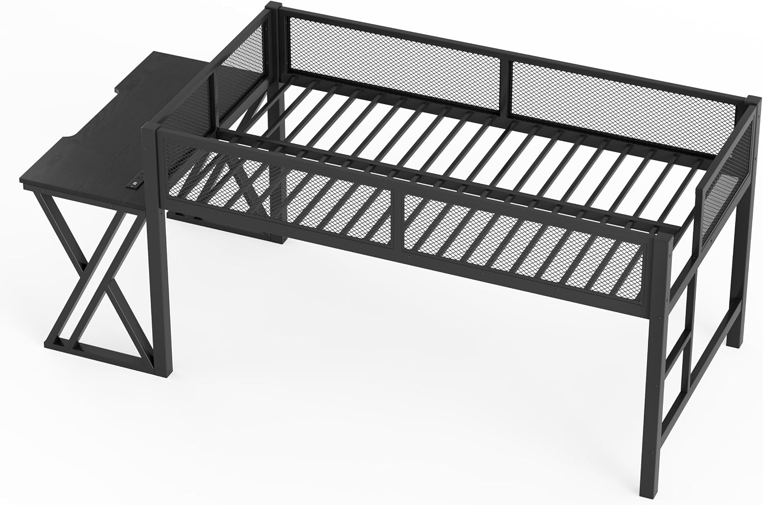 Twin XL Size Gaming Loft Bed with Desk of X-Shaped Leg, LED Lights & USB Ports, Space-Saving Low Metal Loft Bed Frame with Ladder & Mesh Guardrail for Dorm, Bedroom & Gaming Setups (Black-03, Twin XL)