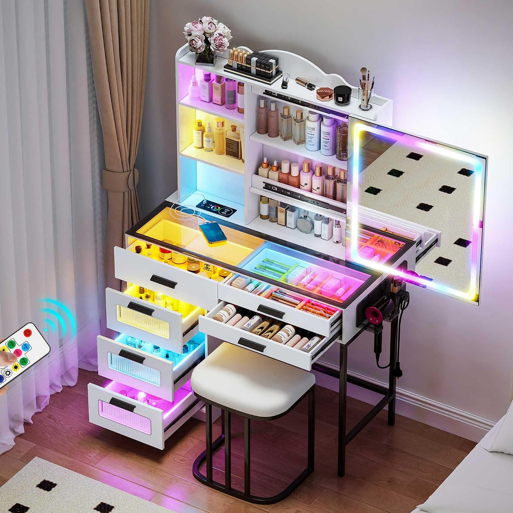 Glass Top Makeup Vanity Desk with RGB LED Light & Adjustable Mirror, Modern Makeup Dresser with Charging Station,Vanity Table Set with 6 Drawers & Hair Dryer Holder for Bedroom,White