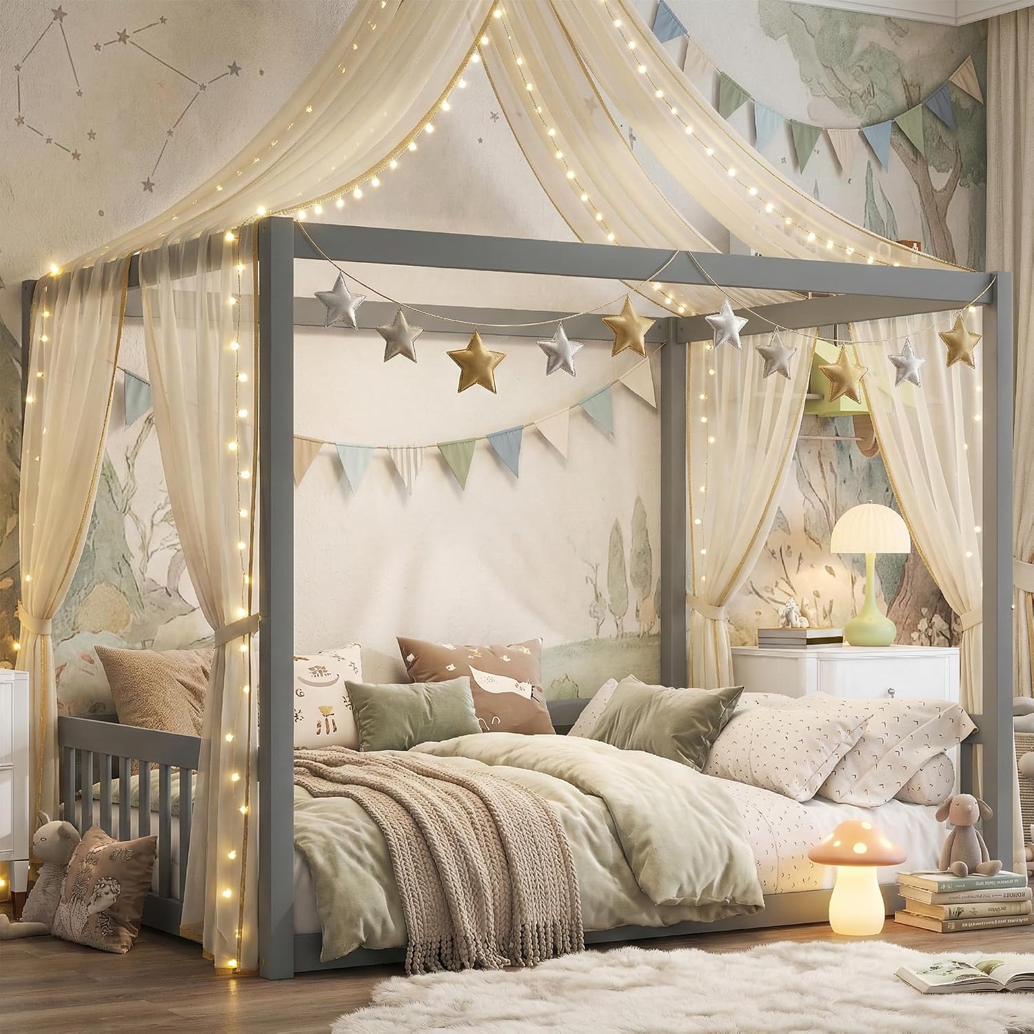 Canopy Bed Frame Full with 4 Posters and Guardrails, Rubber Wood Full Size Montessori Floor Bed with Canopy Frame, Safe and Stylish Canopy Bed Full for Kids Girls Boys,Gery