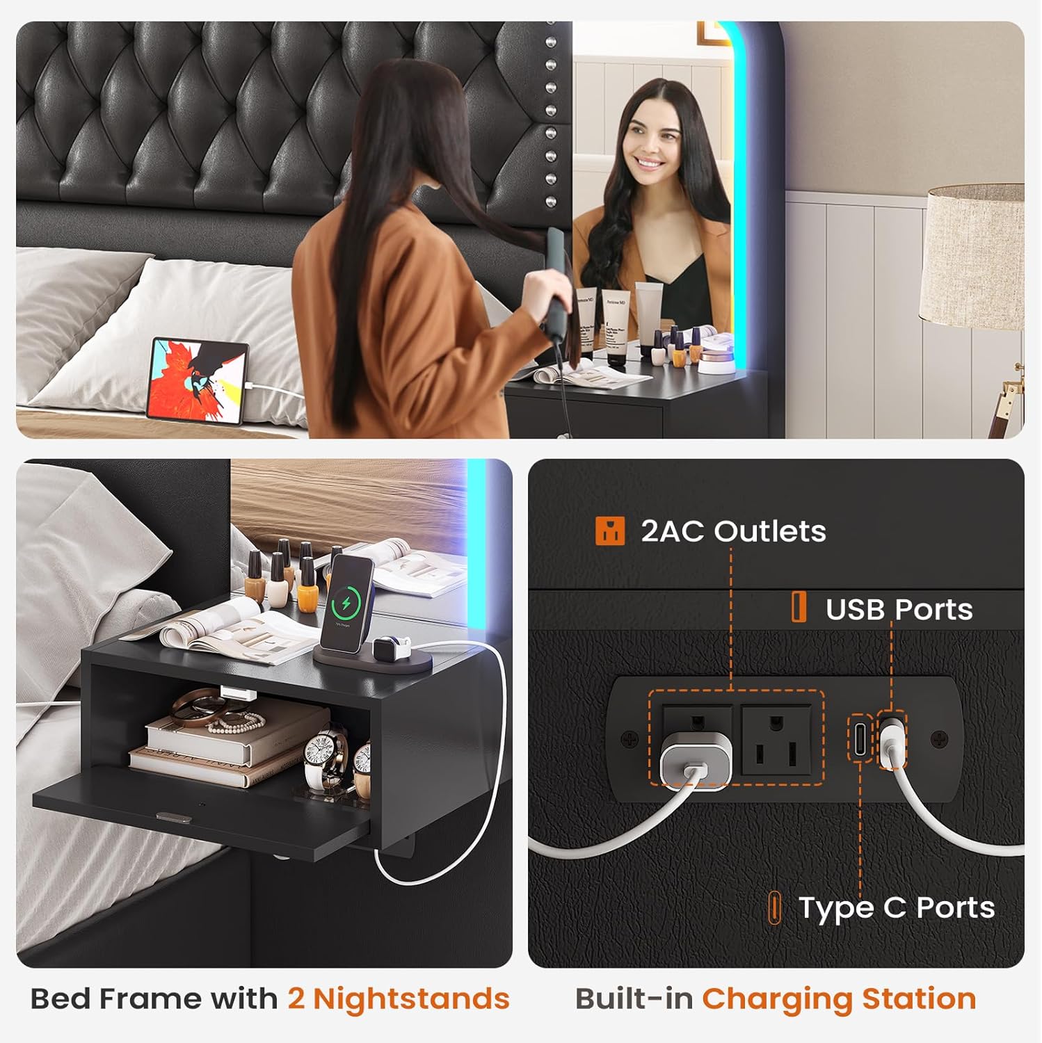 Itaar Queen Bed Frame with 53' Tall Headboard and 4 Storage Drawers, PU Leather Upholstered Platform Bed Frame, Built in Charging Station & Led, 2 Nightstands with Mirror, Black