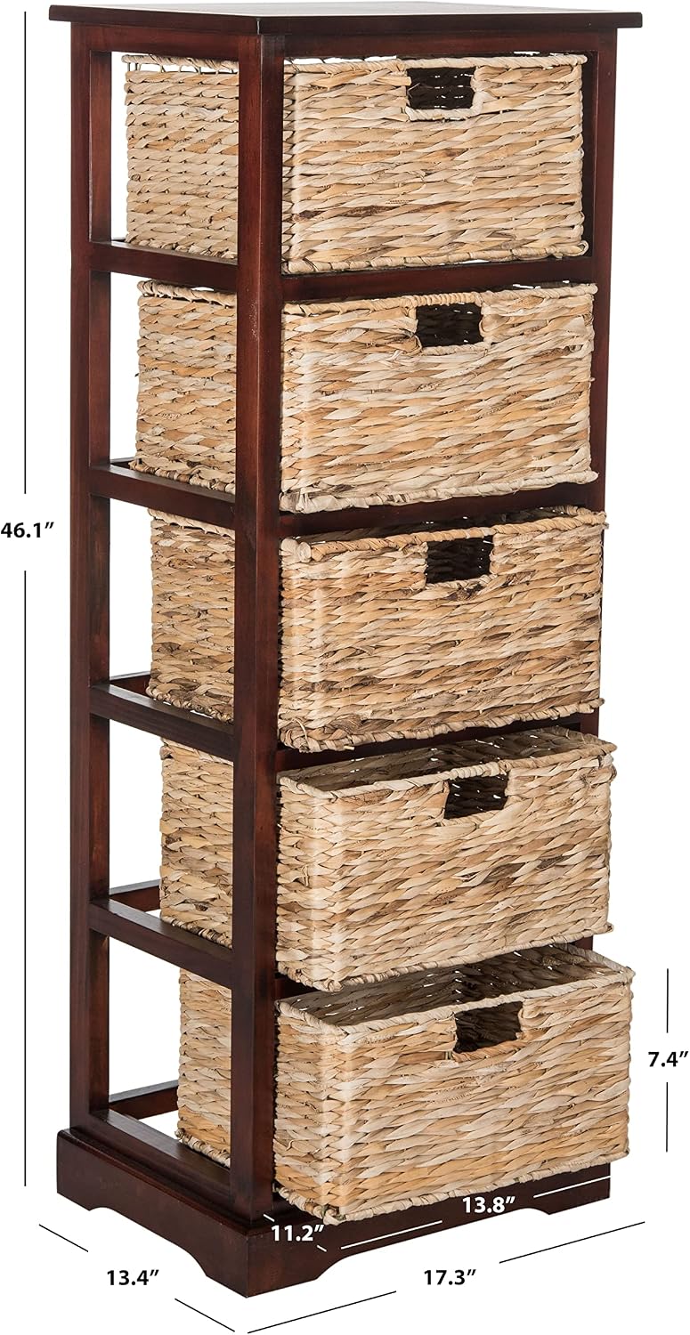 SAFAVIEH Furniture - Vedette 5-Basket Storage Tower - Cherry - Solid Wood - Coastal Basket Tower Design - Ideal for Entryway, Living Room, 17.5'W x 13.5'D x 46'H - Fully Assembled (AMH5739C)