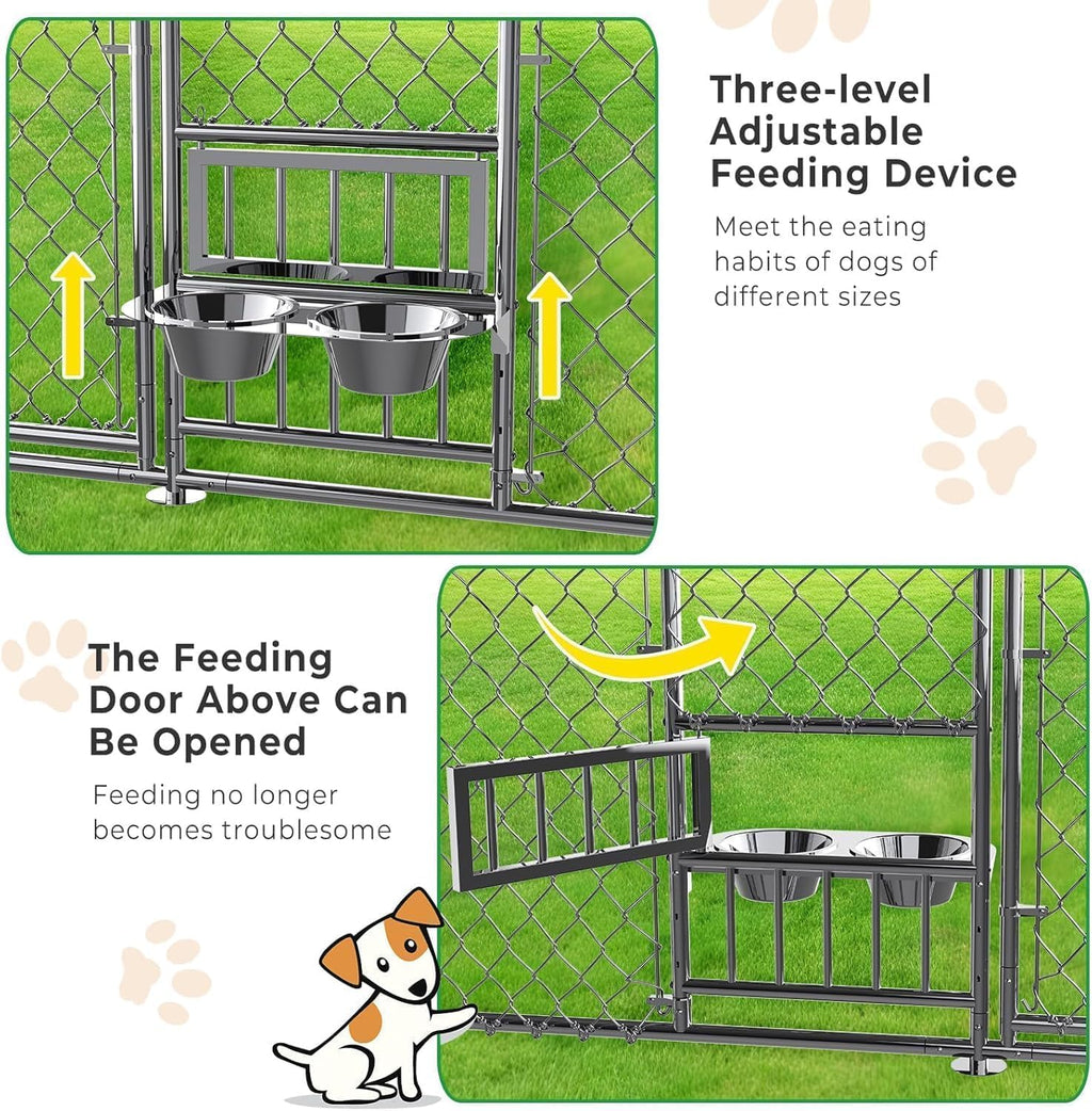 Lyromix 10 x 15FT Outdoor Dog Kennel with Roof & Feeding Bowls, Heavy Duty Galvanized Chain Link Structure, Outdoor Dog Pen with Secure Lock for Yard