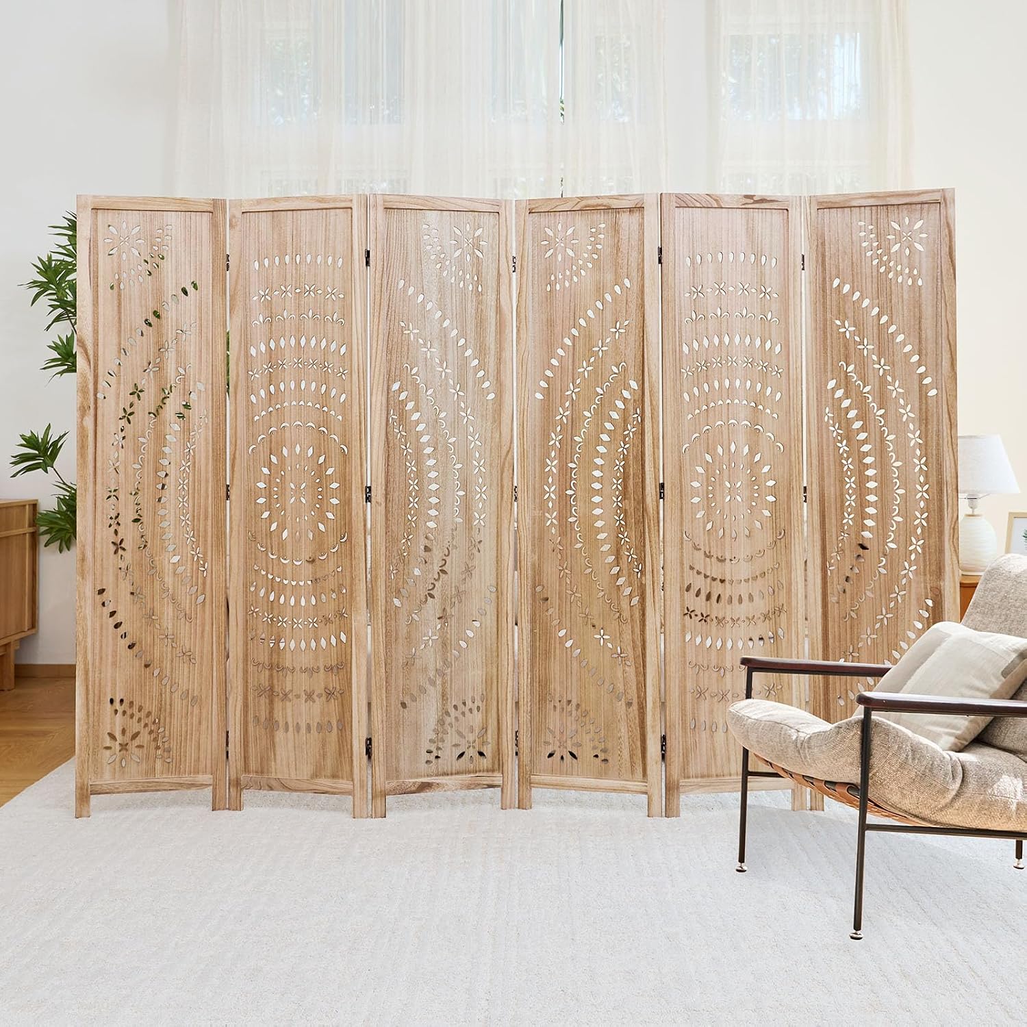66.9Inch Folding Room Divider, 6 Panels Wood Carved Privacy Screens, Free Assembled Freestanding Partition for Home Office Restaurant Bedroom (Natural)