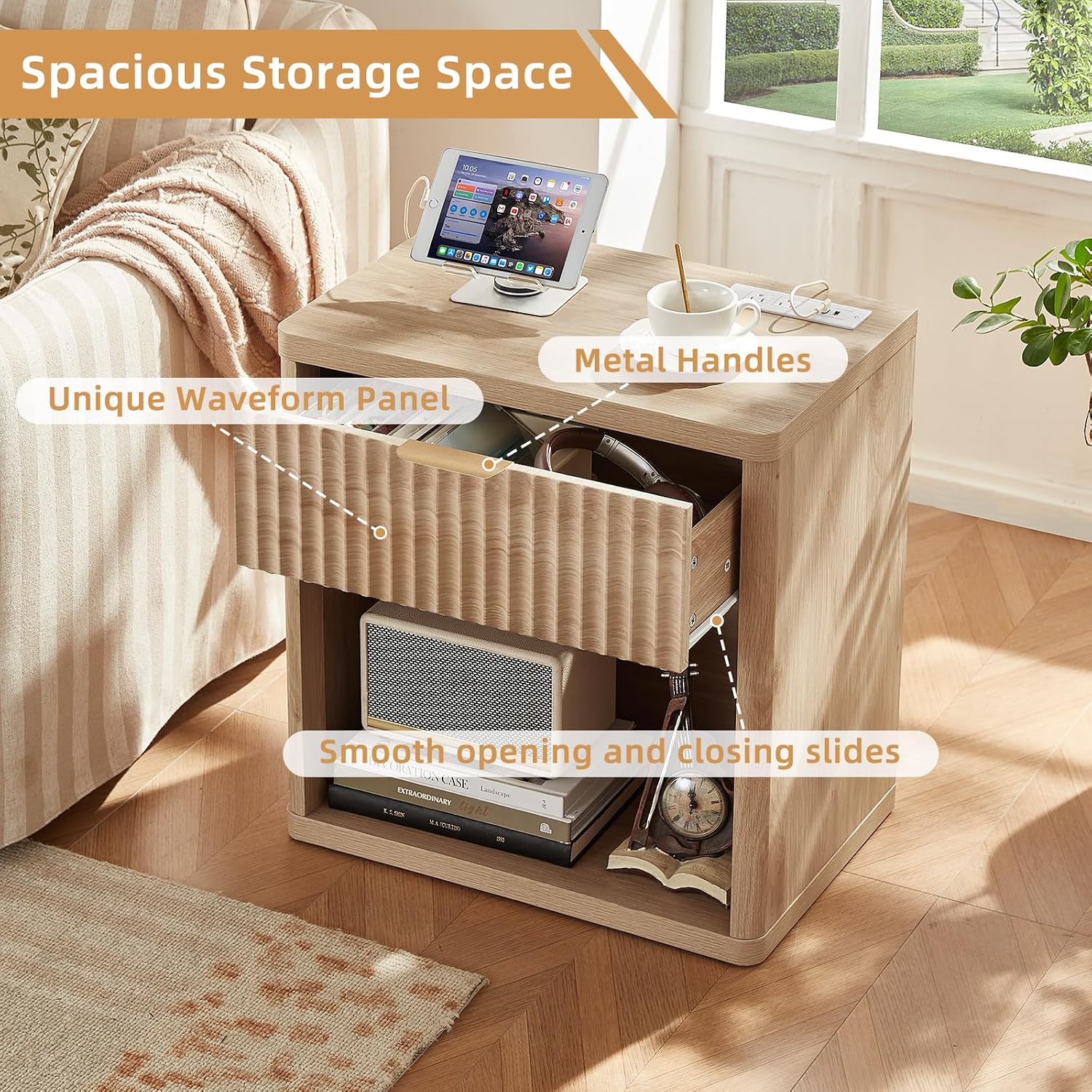 LEYAOYAO Fluted Nightstand with Charging Station, 23' Wide 1 Drawers Night Stand,Natural End Table with Open Storage,Farmhouse Bed Side Tables, Wood Dresser for Bedroom, Living Room, Closet