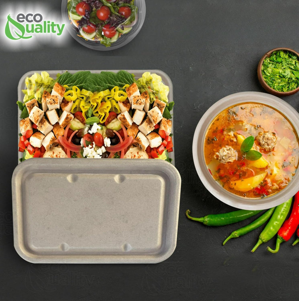 EcoQuality 40oz Disposable Bowls with Fiber Lids - Rectangular Compostable Sugarcane Fiber Biodegradable Paper Bowls Eco-Friendly Take Out Food Storage Containers, Microwave Safe, Meal Prep (300 PACK)