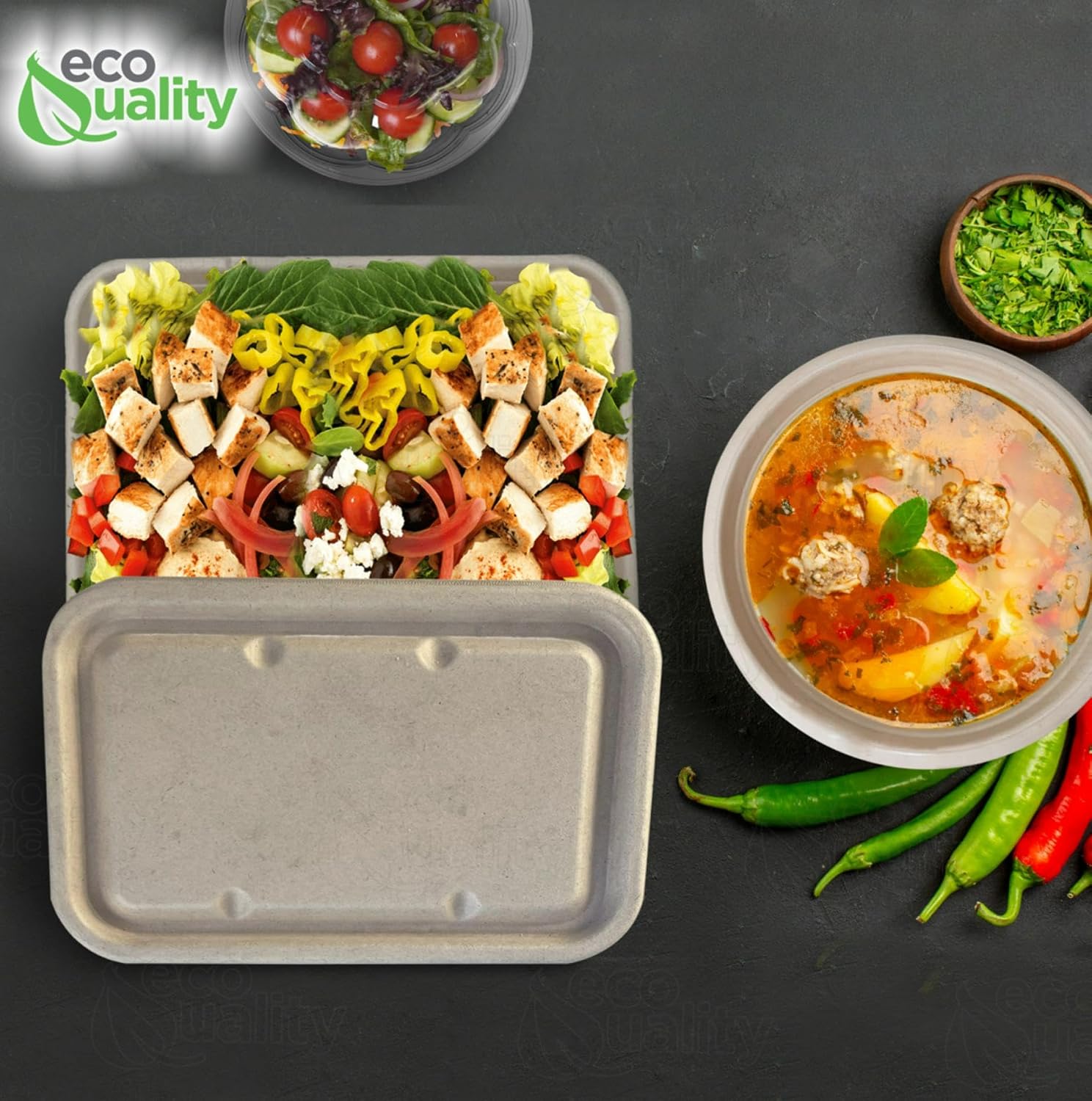 EcoQuality 40oz Disposable Bowls with Fiber Lids - Rectangular Compostable Sugarcane Fiber Biodegradable Paper Bowls Eco-Friendly Take Out Food Storage Containers, Microwave Safe, Meal Prep (300 PACK)