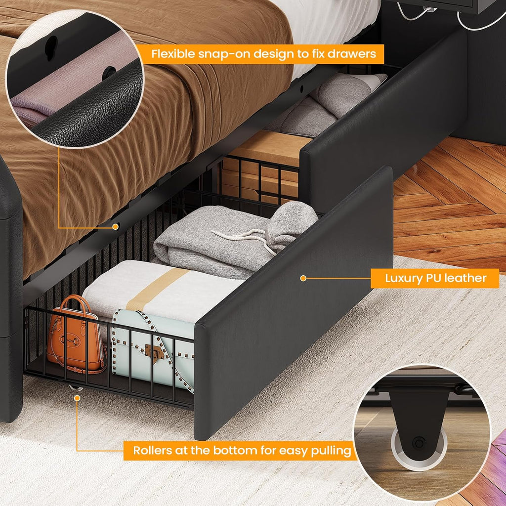 Itaar Queen Bed Frame with 53' Tall Headboard and 4 Storage Drawers, PU Leather Upholstered Platform Bed Frame, Built in Charging Station & Led, 2 Nightstands with Mirror, Black