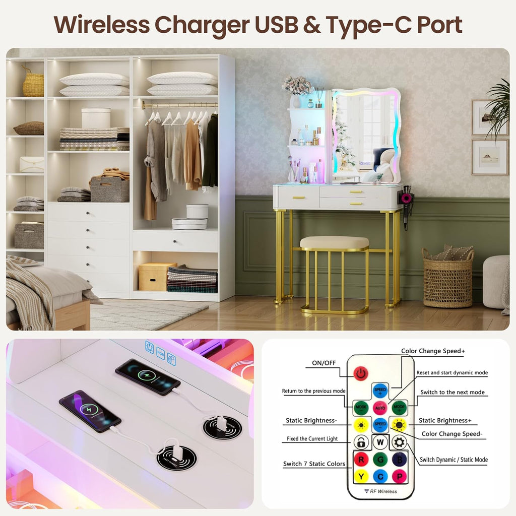 RGB LED Makeup Vanity Desk with Mirror & Lights, Modern Glass Top Vanity Table with 3 Drawers, Charging Station, Hair Dryer Holder, Dimmable Colorful Light Vanity Set for Bedroom,White