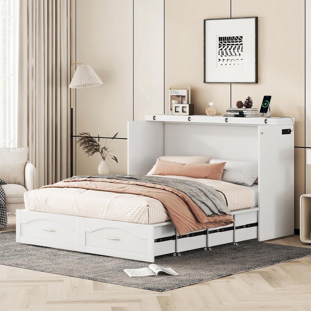 Queen Size Murphy Wall Bed with Drawer and a Set of Sockets & USB Ports,Modern Bed Frame with Pulley Structure Design for Kids Teen Girls Boys Adults Bedroom Furniture (White-46, Queen)