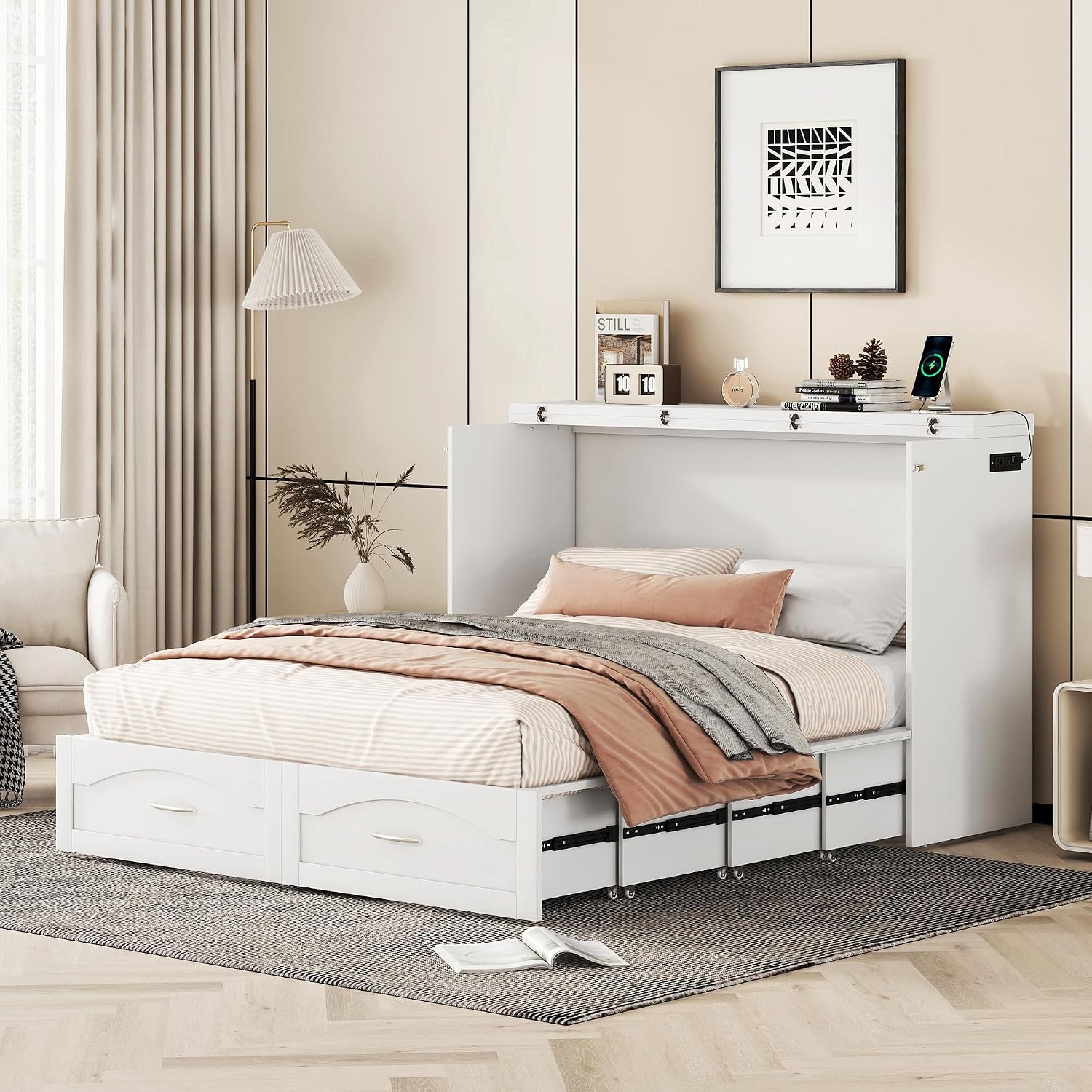 Queen Size Murphy Wall Bed with Drawer and a Set of Sockets & USB Ports,Modern Bed Frame with Pulley Structure Design for Kids Teen Girls Boys Adults Bedroom Furniture (White-46, Queen)