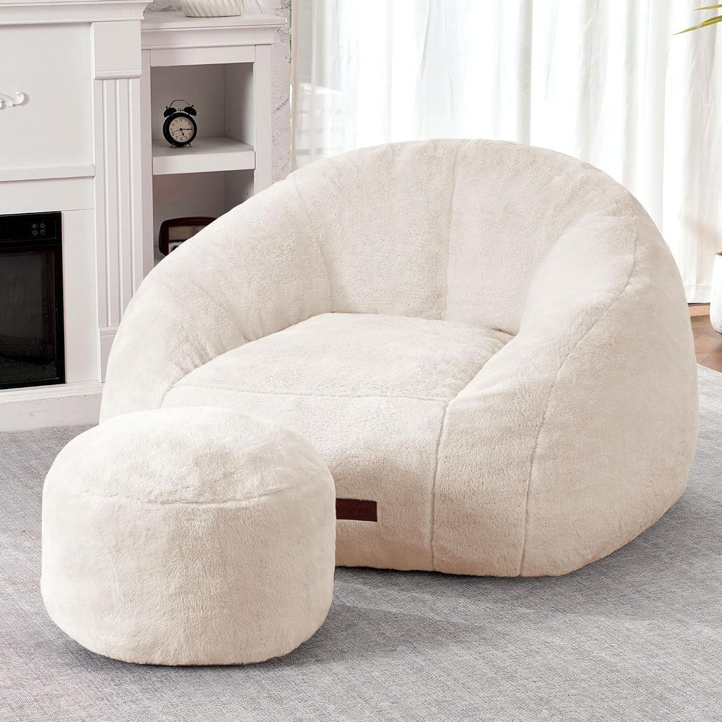HABUTWAY Bean Bag Chair, Giant Bean Bag Chairs for Adults with Ottoman, Comfy Faux Fur Shell-Shaped Bean Bag Couch, Sofa Chair for Living Room, Bedroom, White